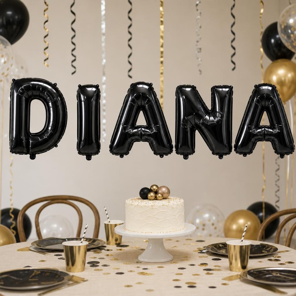 Baloane Folie Metalizate, , Set DIANA, Heliu sau Aer, Pai inclus, 40 cm, Negru 2