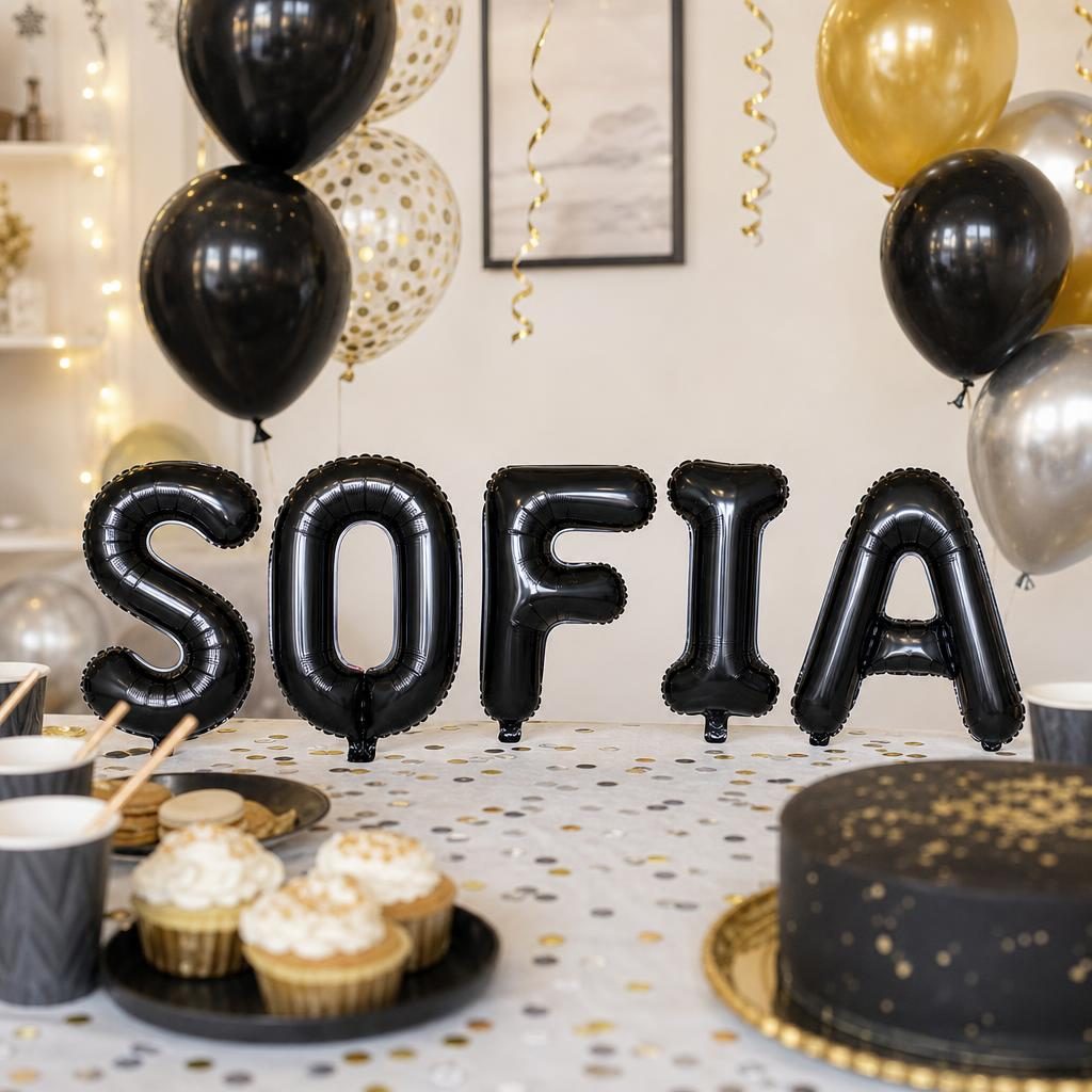 Baloane Folie Metalizate, , Set SOFIA, Heliu sau Aer, Pai inclus, 40 cm, Negru 2