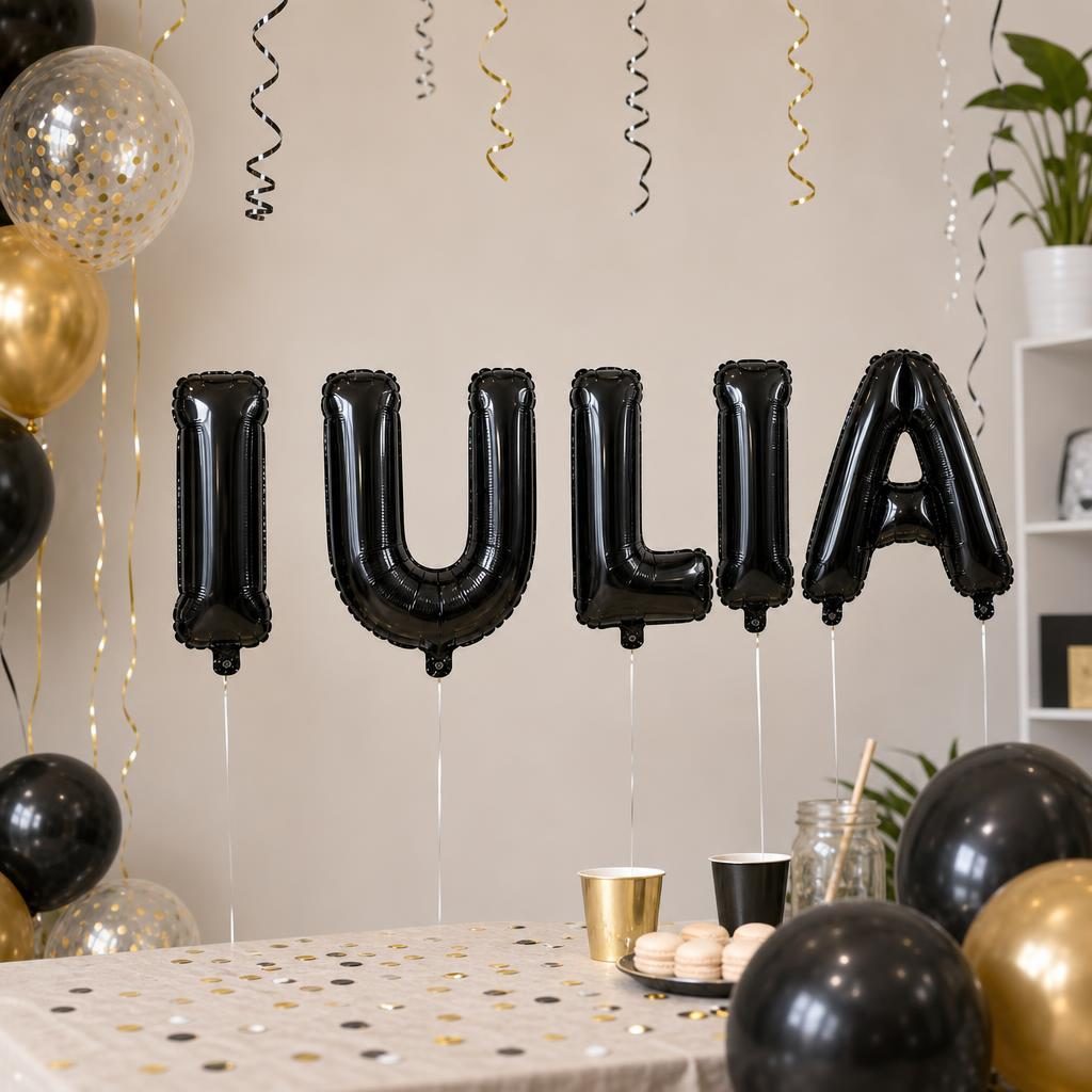 Baloane Folie Metalizate, , Set IULIA, Heliu sau Aer, Pai inclus, 40 cm, Negru 2