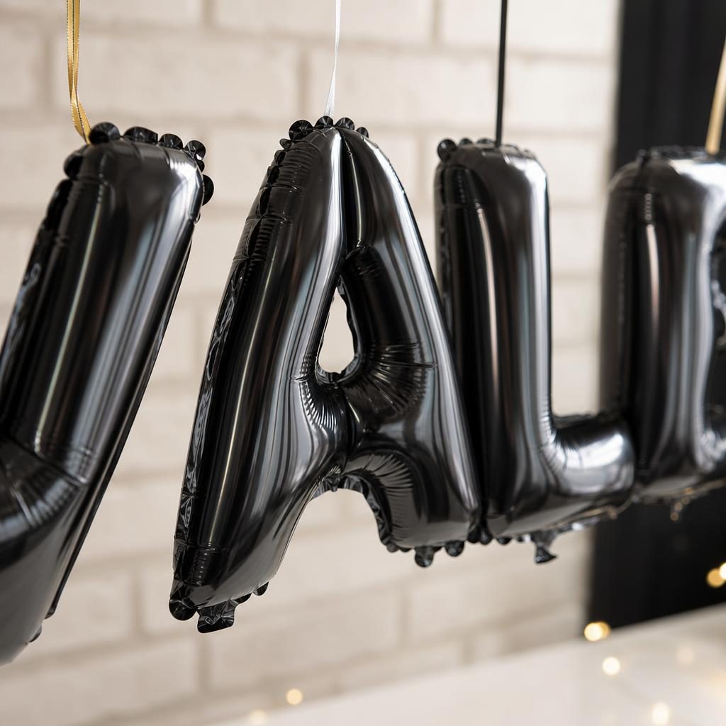 Baloane Folie Metalizate, , Set VALENTINA, Heliu sau Aer, Pai inclus, 40 cm, Negru 3