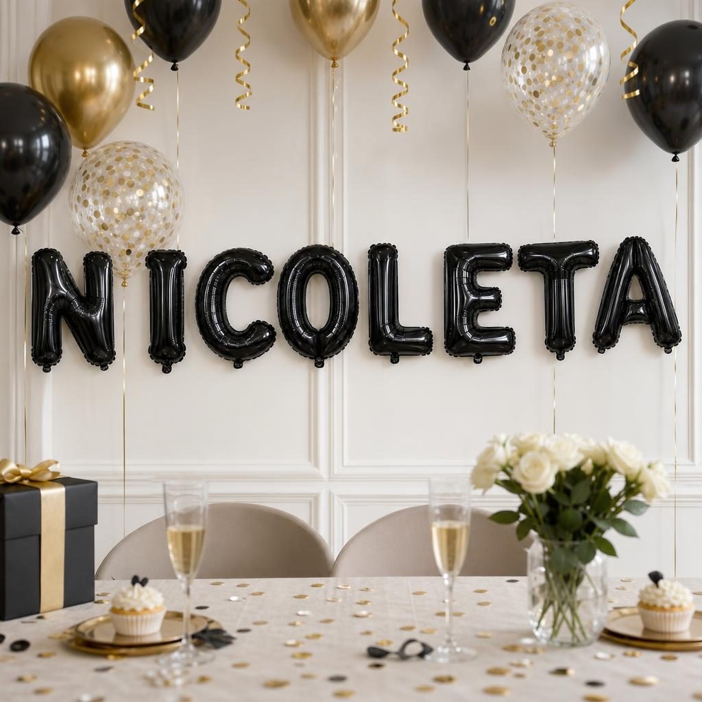 Baloane Folie Metalizate, , Set NICOLETA, Heliu sau Aer, Pai inclus, 40 cm, Negru 2