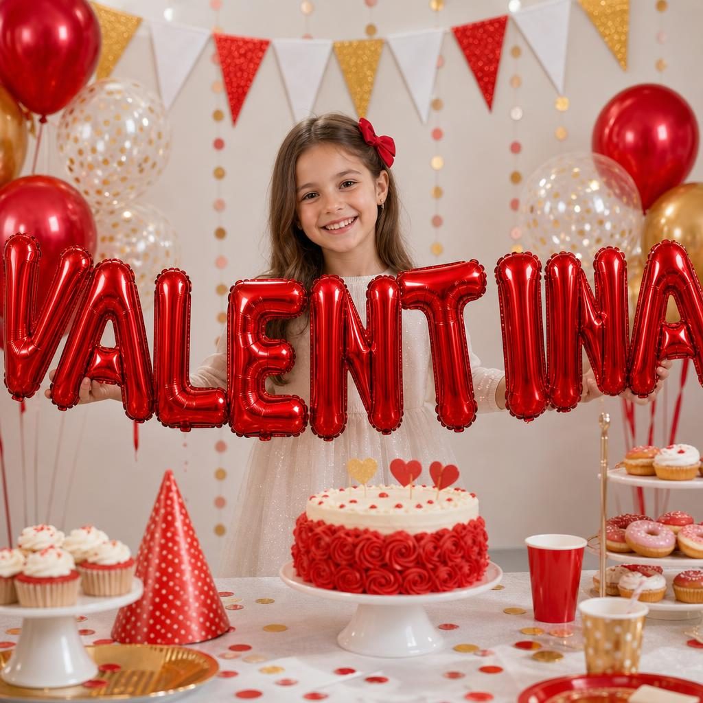 Baloane Folie Metalizate, , Set VALENTINA, Heliu sau Aer, Pai inclus, 40 cm, Rosu 2