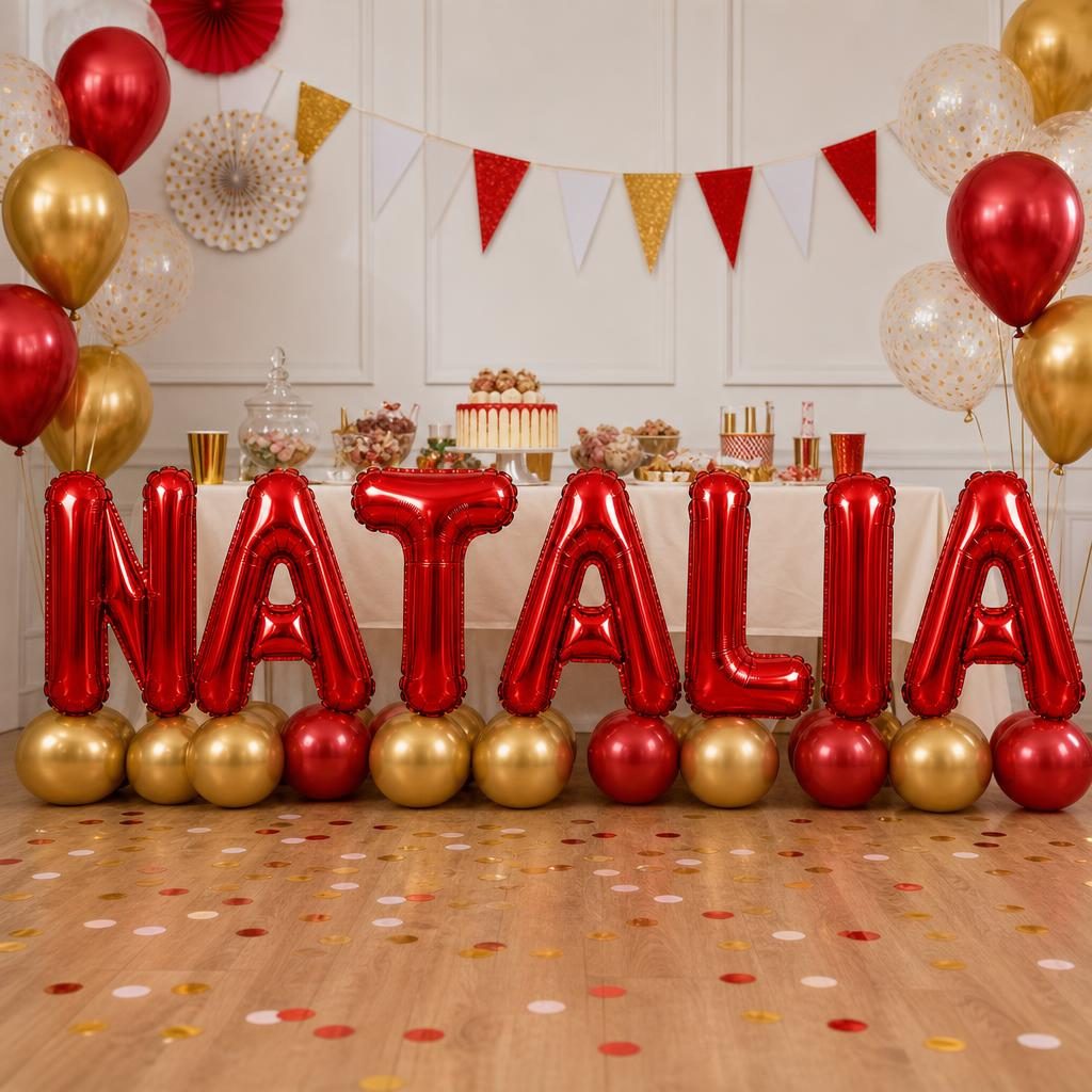 Baloane Folie Metalizate, , Set NATALIA, Heliu sau Aer, Pai inclus, 40 cm, Rosu 2