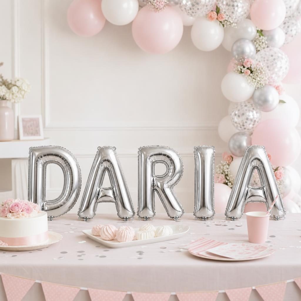 Baloane Folie Metalizate, , Set DARIA, Heliu sau Aer, Pai inclus, 40 cm, Argintiu 2