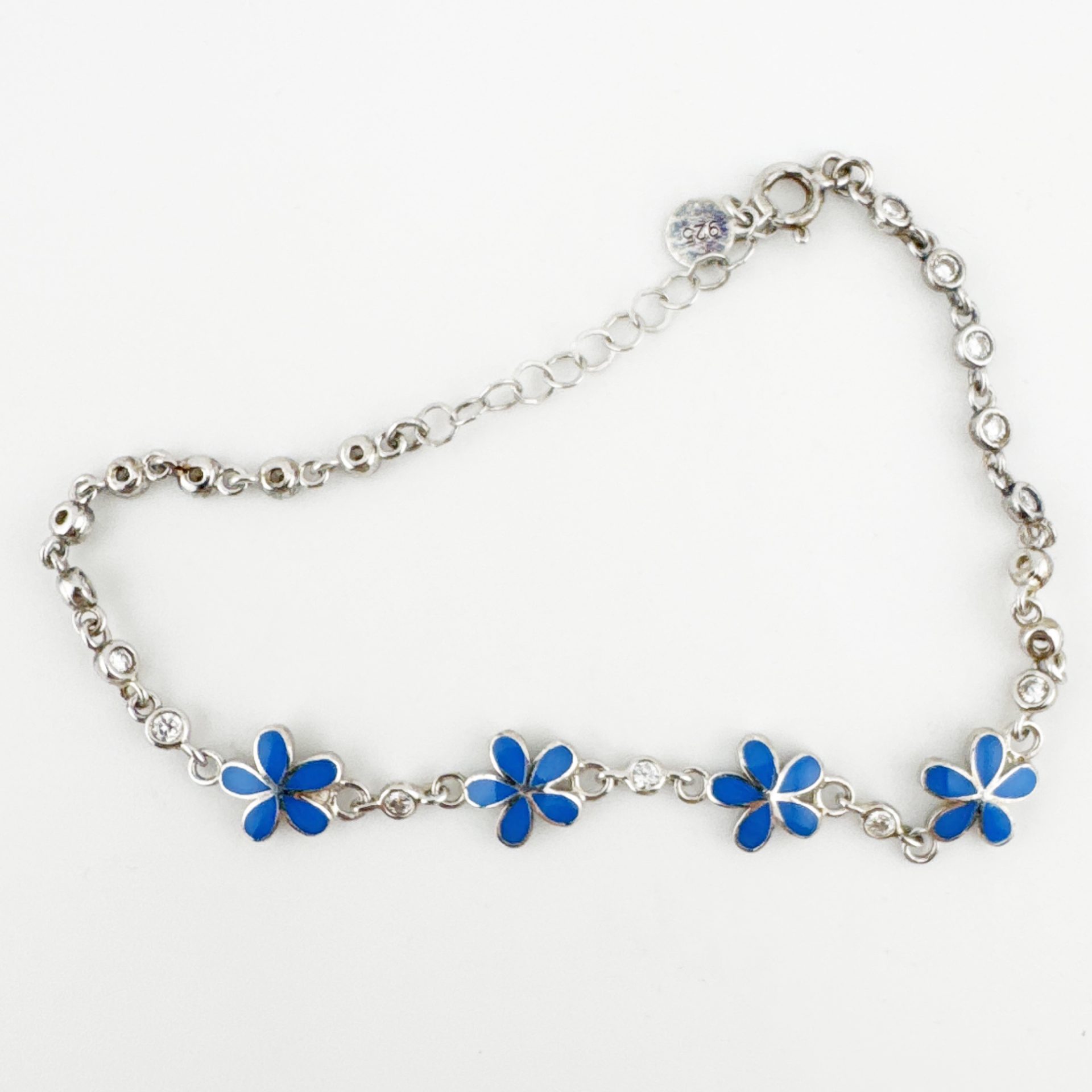 Bratara pentru Dama Copii, Jolie, Argint 925, Model Floare, cu Email si Zirconiu, 22 cm/4.4g, Argintiu/Albastru