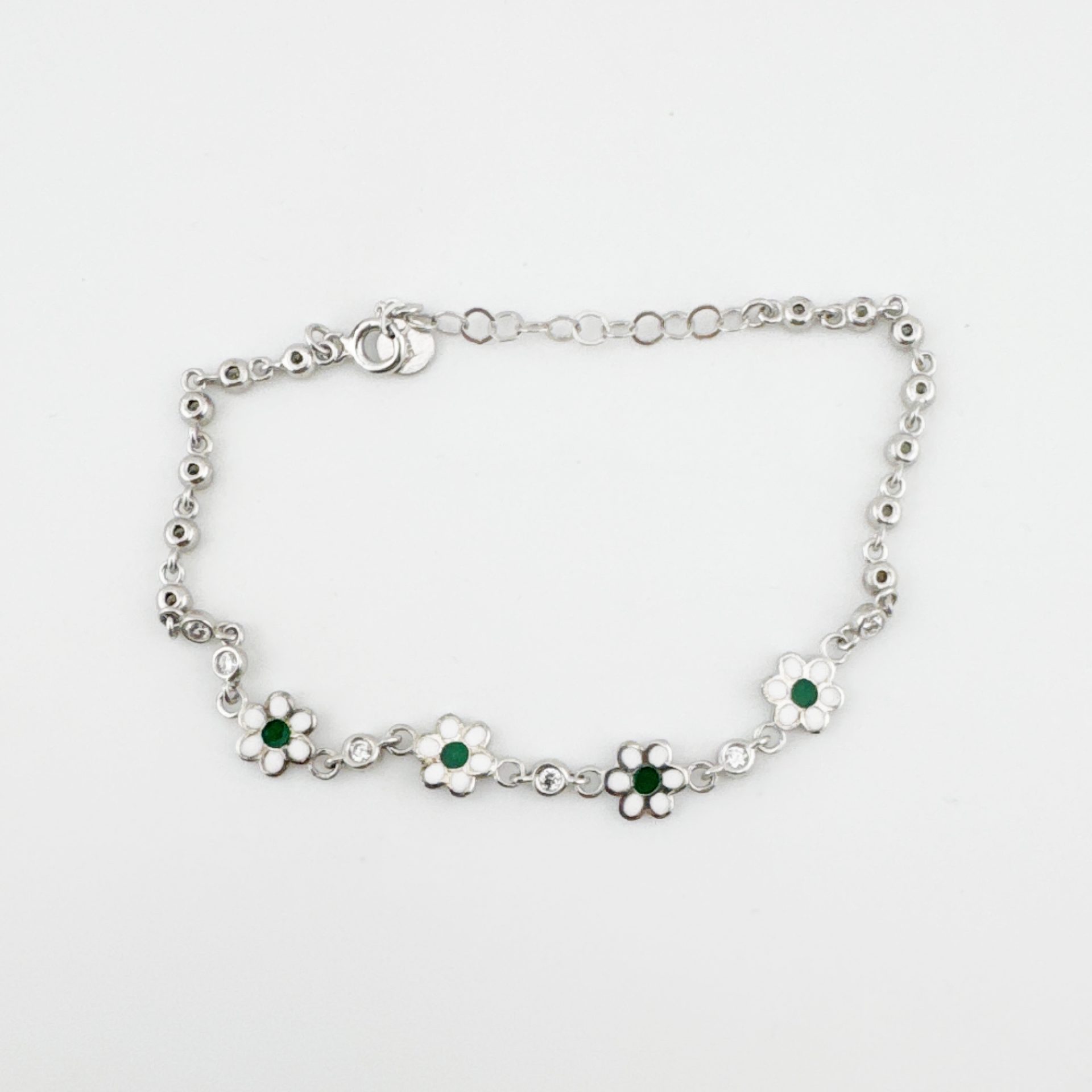 Bratara pentru Copii, Jolie, Argint 925, Model Floare cu Piatra, cu Email si Zirconiu, 22 cm/4.4g Argintiu/Verde