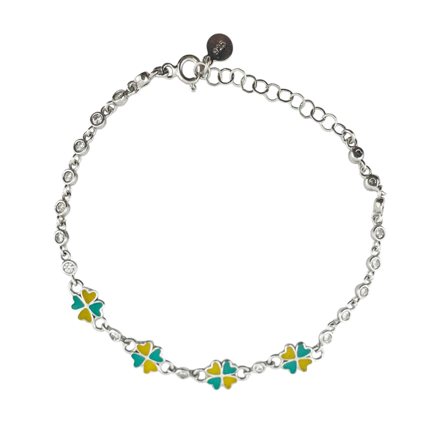 Bratara pentru Copii, Jolie, Argint 925, Model Trifoi, cu Email si Zirconiu, 22 cm/4.4g Argintiu/Galben/Verde