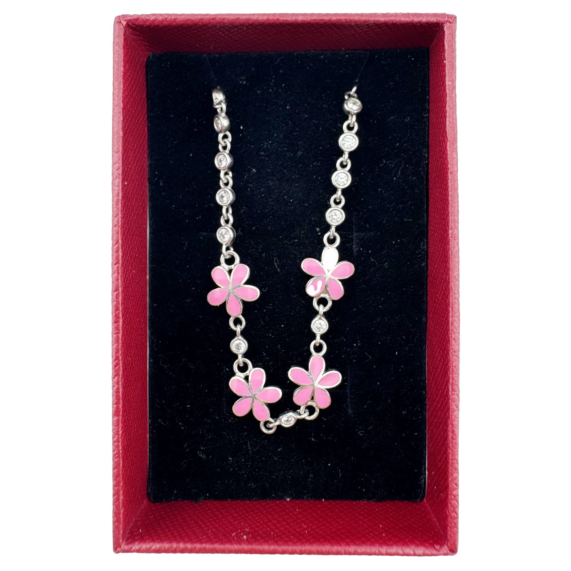 Bratara pentru Copii, Jolie, Argint 925, Model Floare, cu Email si Zirconiu, 22 cm/4.4g Argintiu/Roz