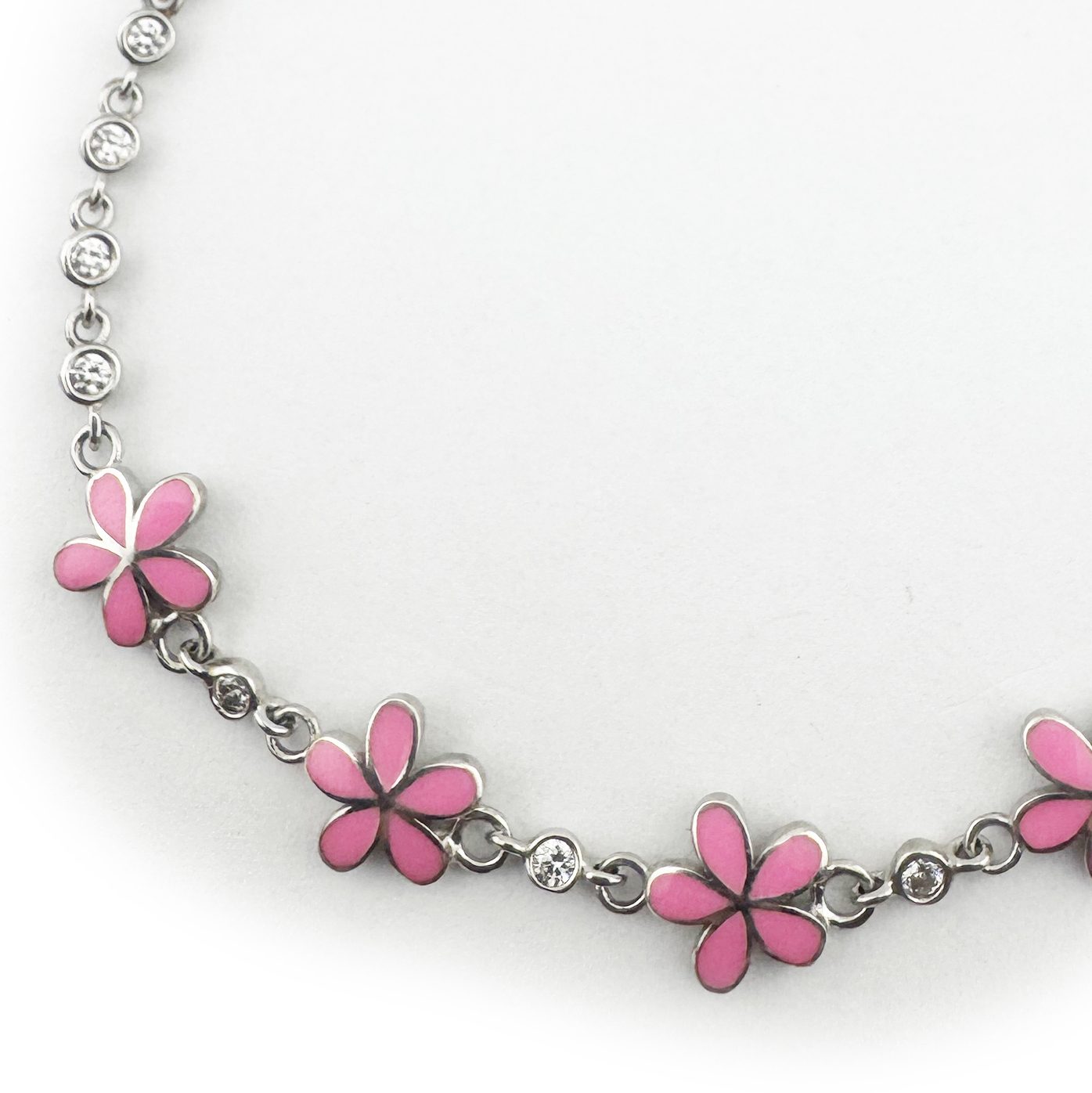 Bratara pentru Copii, Jolie, Argint 925, Model Floare, cu Email si Zirconiu, 22 cm/4.4g Argintiu/Roz