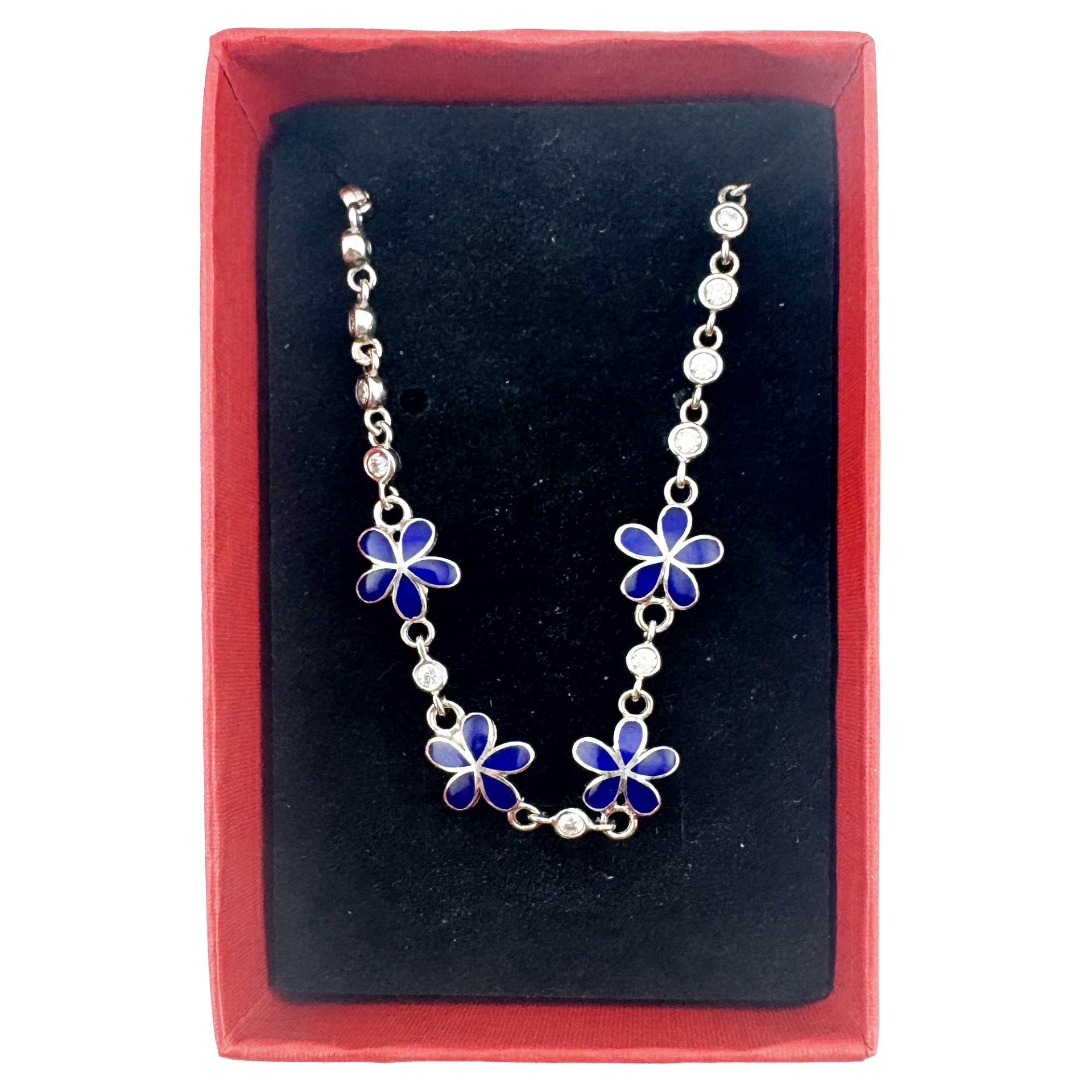 Bratara pentru Copii, Jolie, Argint 925, Model Floare, cu Email si Zirconiu, 22 cm/4.4g Argintiu/Bluemarin