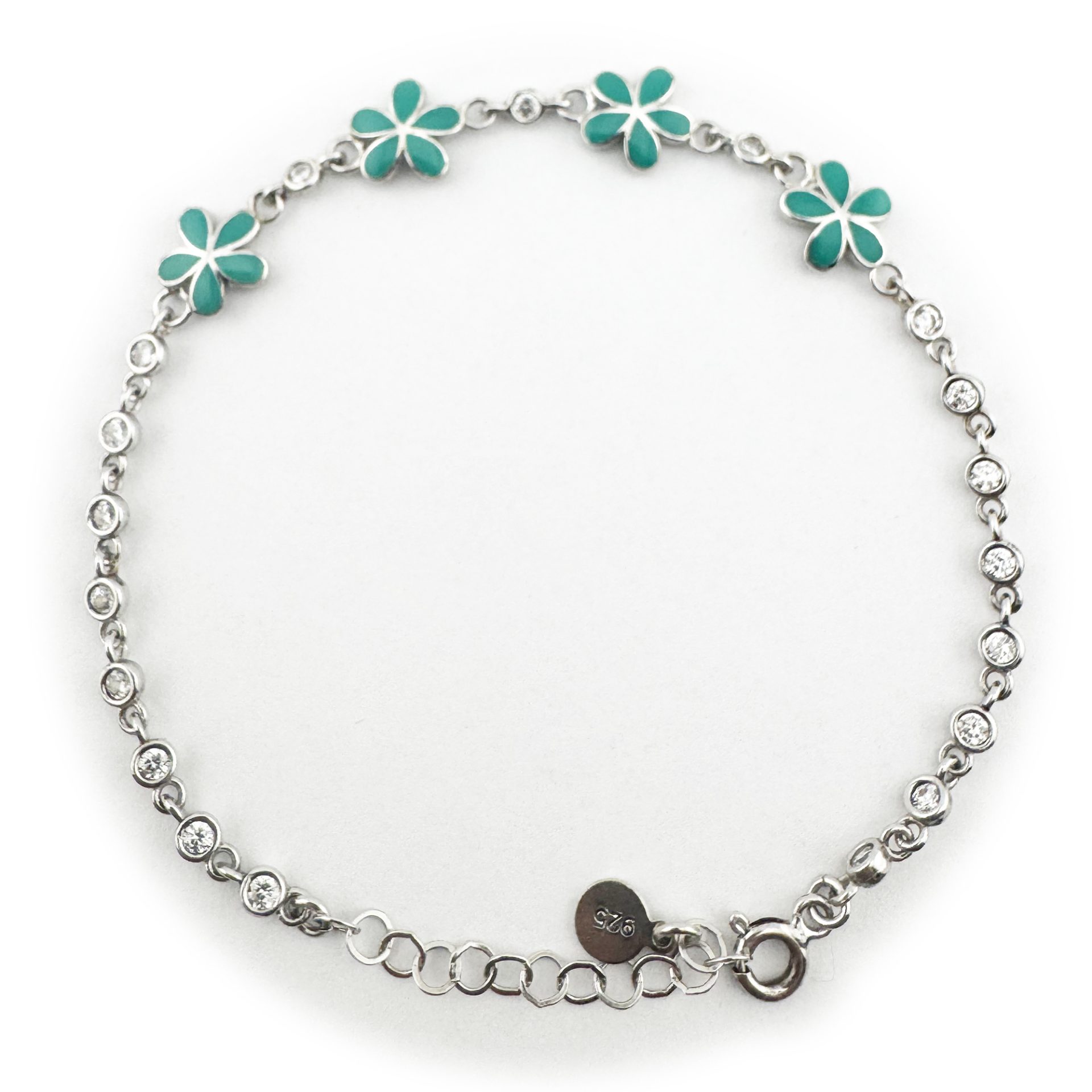 Bratara pentru Copii, Jolie, Argint 925, Model Floare, cu Email si Zirconiu, 22 cm/4.4g Argintiu/Verde deschis
