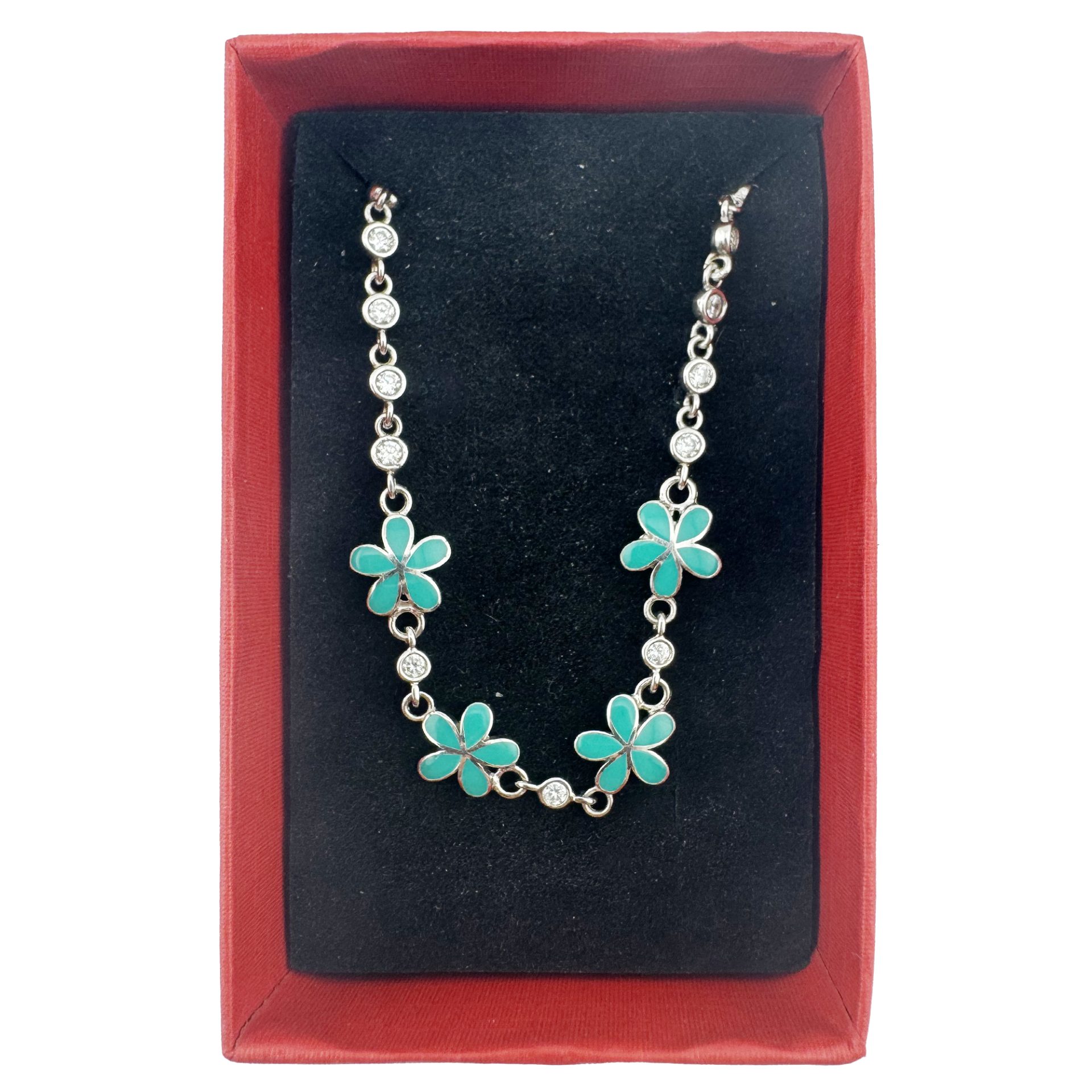 Bratara pentru Copii, Jolie, Argint 925, Model Floare, cu Email si Zirconiu, 22 cm/4.4g Argintiu/Verde deschis