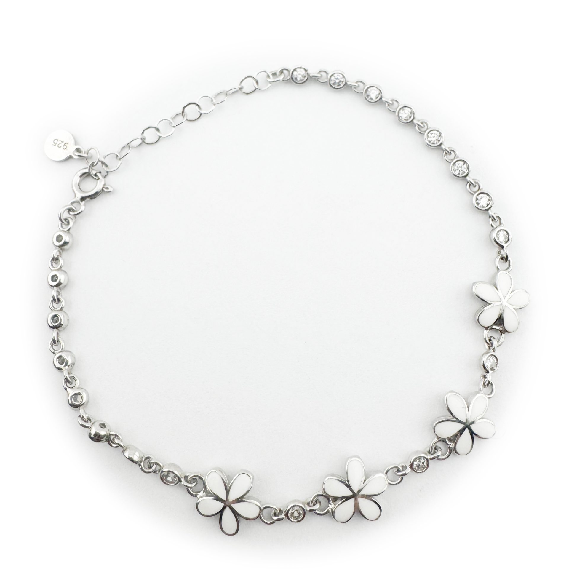 Bratara pentru Copii, Jolie, Argint 925, Model Floare, cu Email si Zirconiu, 22 cm/4.4g Argintiu/Alb