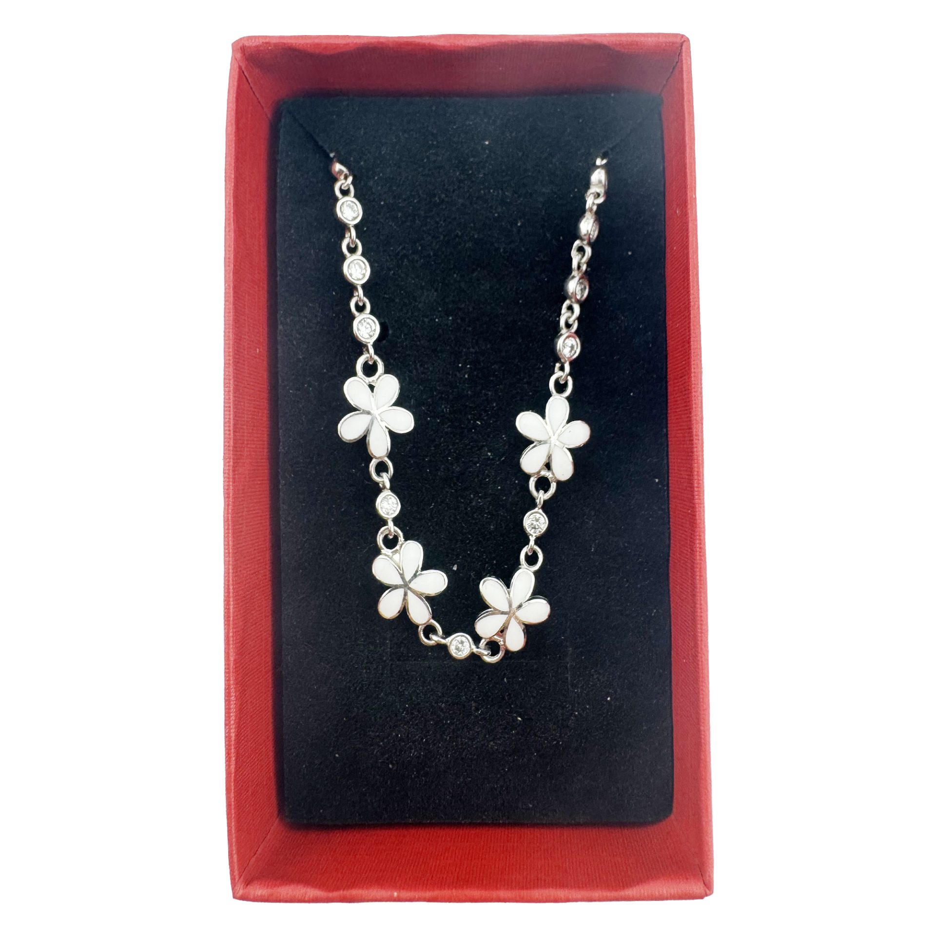 Bratara pentru Copii, Jolie, Argint 925, Model Floare, cu Email si Zirconiu, 22 cm/4.4g Argintiu/Alb