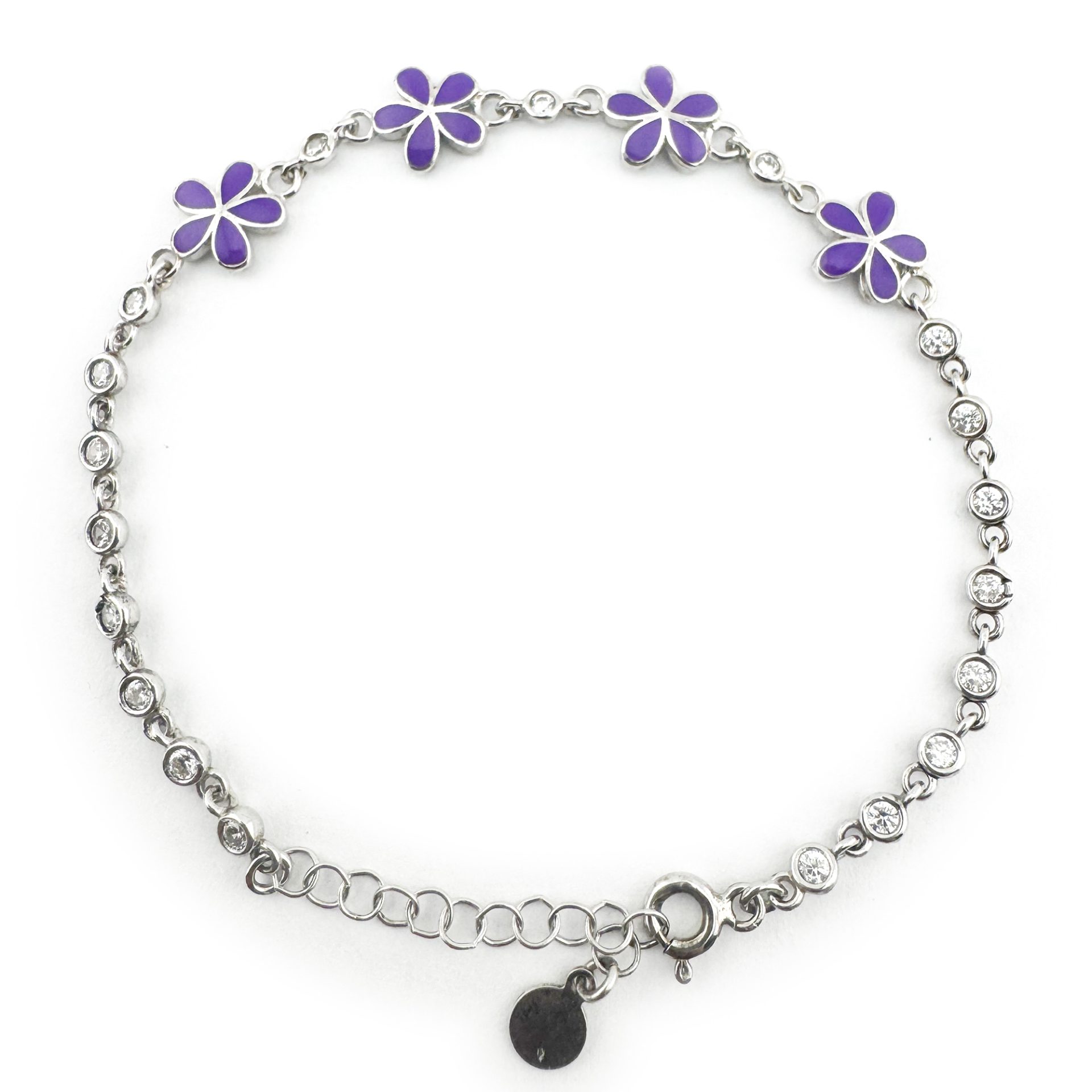 Bratara pentru Copii, Jolie, Argint 925, Model Floare, cu Email si Zirconiu, 22 cm/4.4g Argintiu/Mov