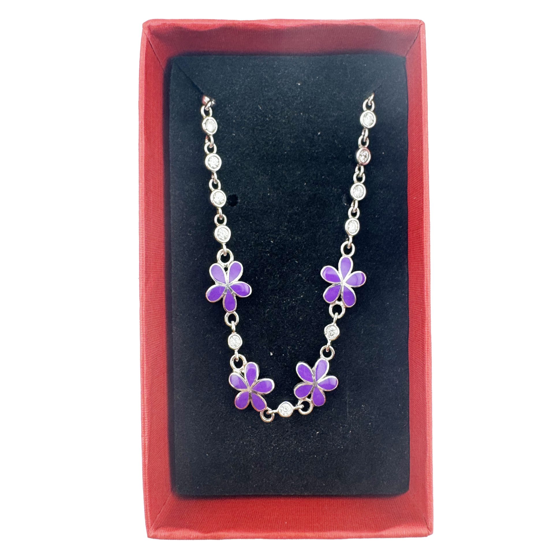 Bratara pentru Copii, Jolie, Argint 925, Model Floare, cu Email si Zirconiu, 22 cm/4.4g Argintiu/Mov