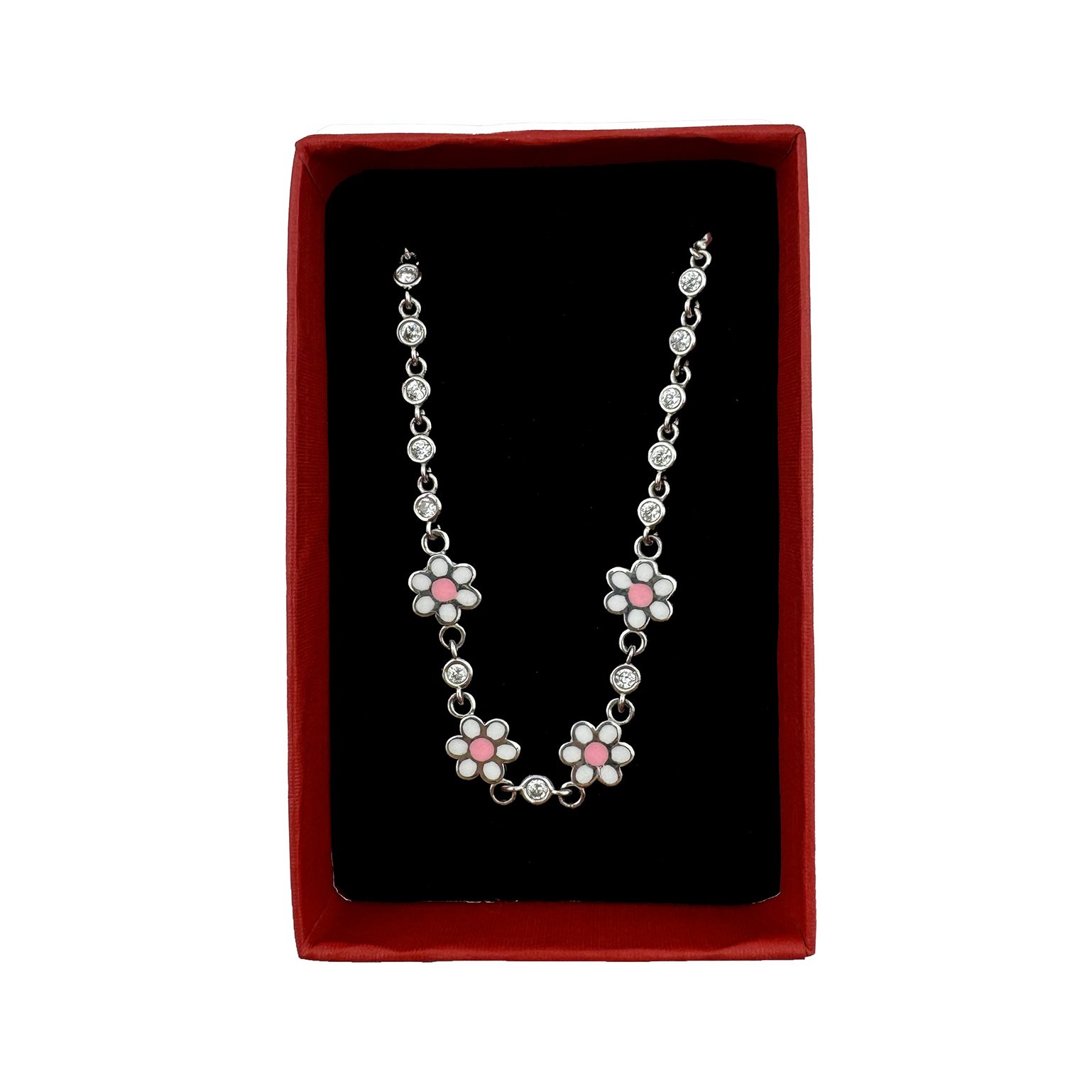 Bratara pentru Copii, Jolie, Argint 925, Model Floare cu Piatra, cu Email si Zirconiu, 22 cm/4.4g Argintiu/Alb