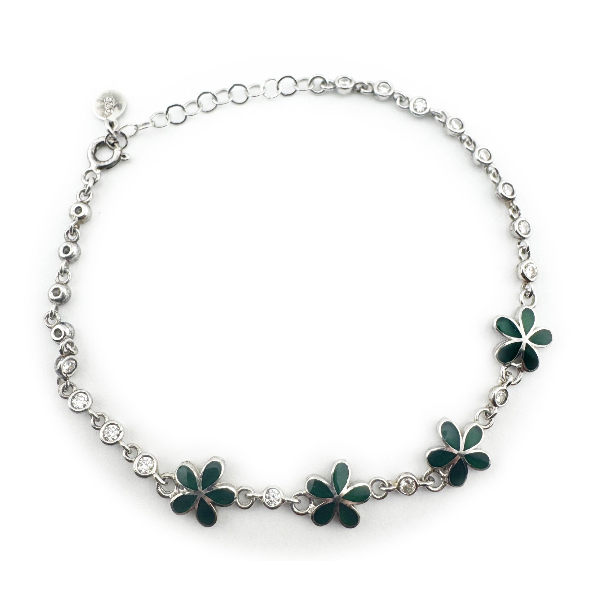 Bratara pentru Copii, Jolie, Argint 925, Model Floare, cu Email si Zirconiu, 22 cm/4.4g Argintiu/Verde inchis