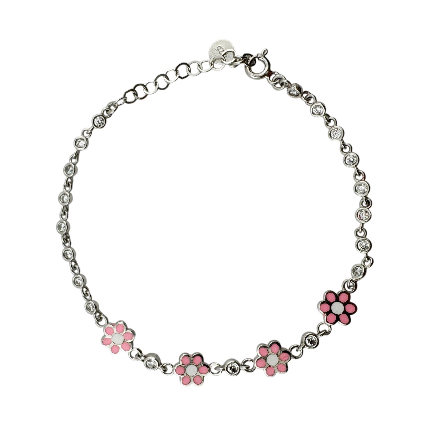 Bratara pentru Copii, Jolie, Argint 925, Model Floare cu Piatra, cu Email si Zirconiu, 22 cm/4.4g Argintiu/Roz