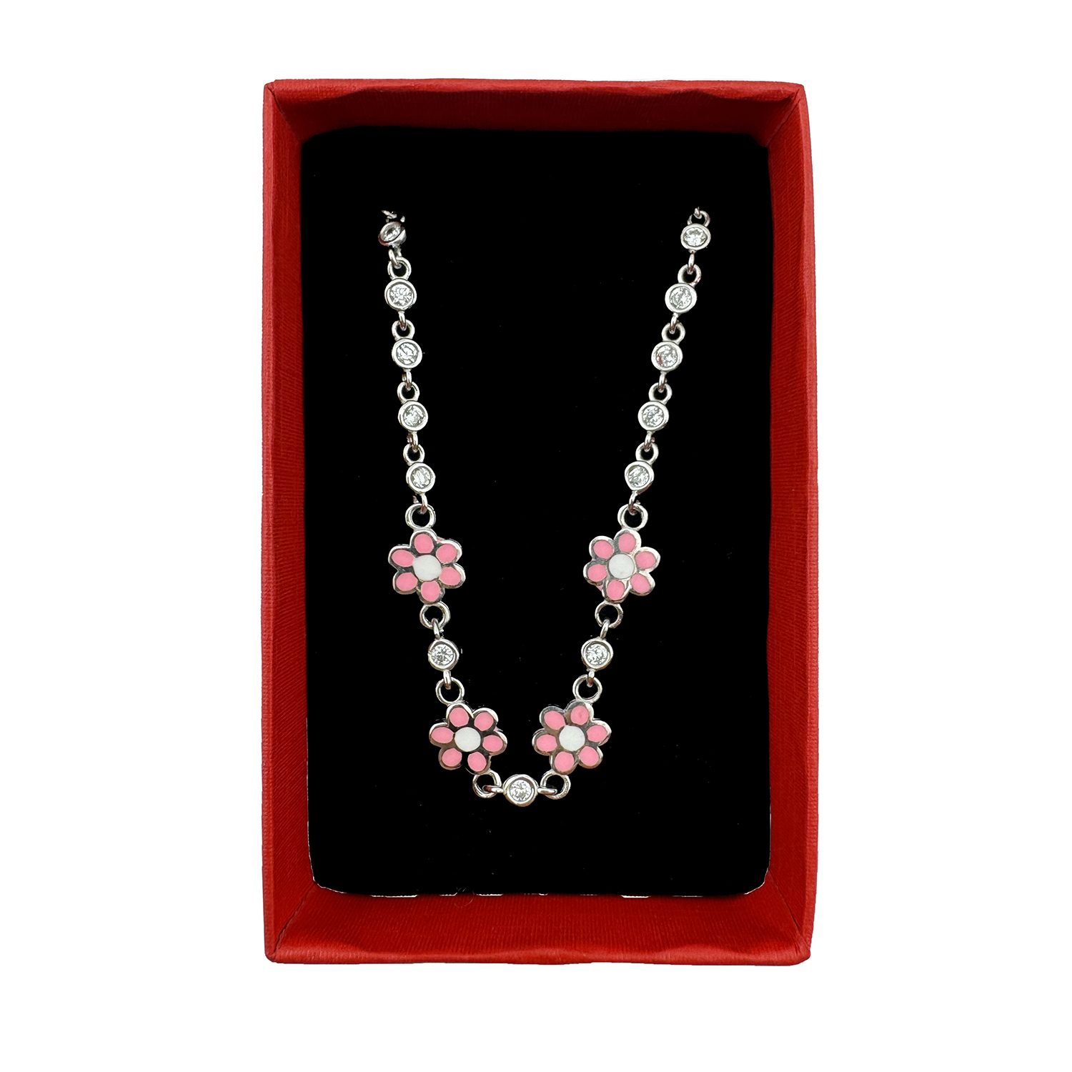 Bratara pentru Copii, Jolie, Argint 925, Model Floare cu Piatra, cu Email si Zirconiu, 22 cm/4.4g Argintiu/Roz