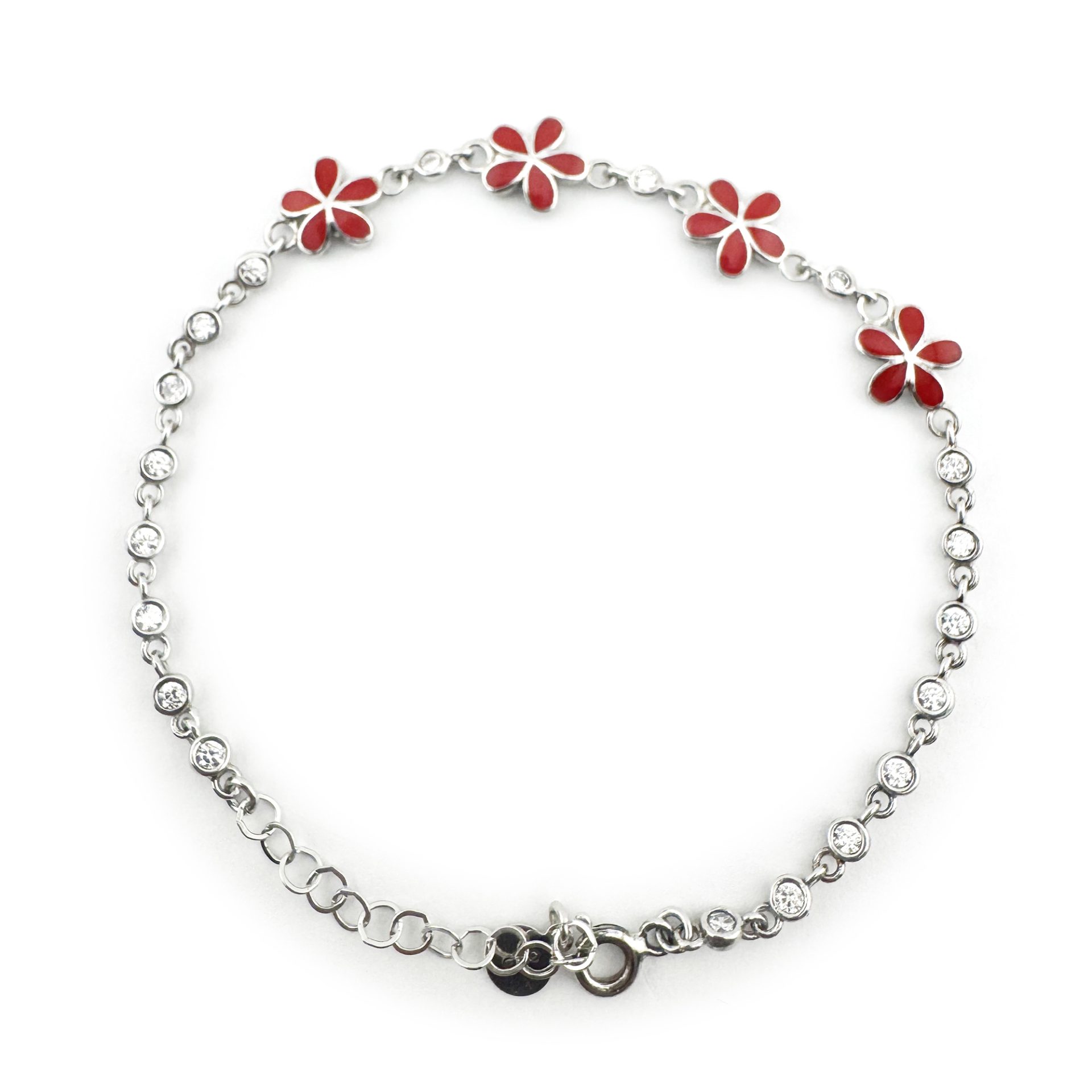 Bratara pentru Copii, Jolie, Argint 925, Model Floare, cu Email si Zirconiu, 22 cm/4.4g Argintiu/Rosu