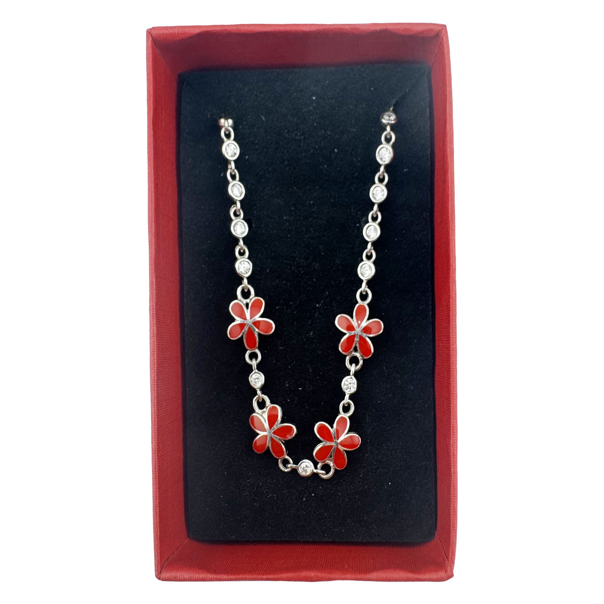 Bratara pentru Copii, Jolie, Argint 925, Model Floare, cu Email si Zirconiu, 22 cm/4.4g Argintiu/Rosu