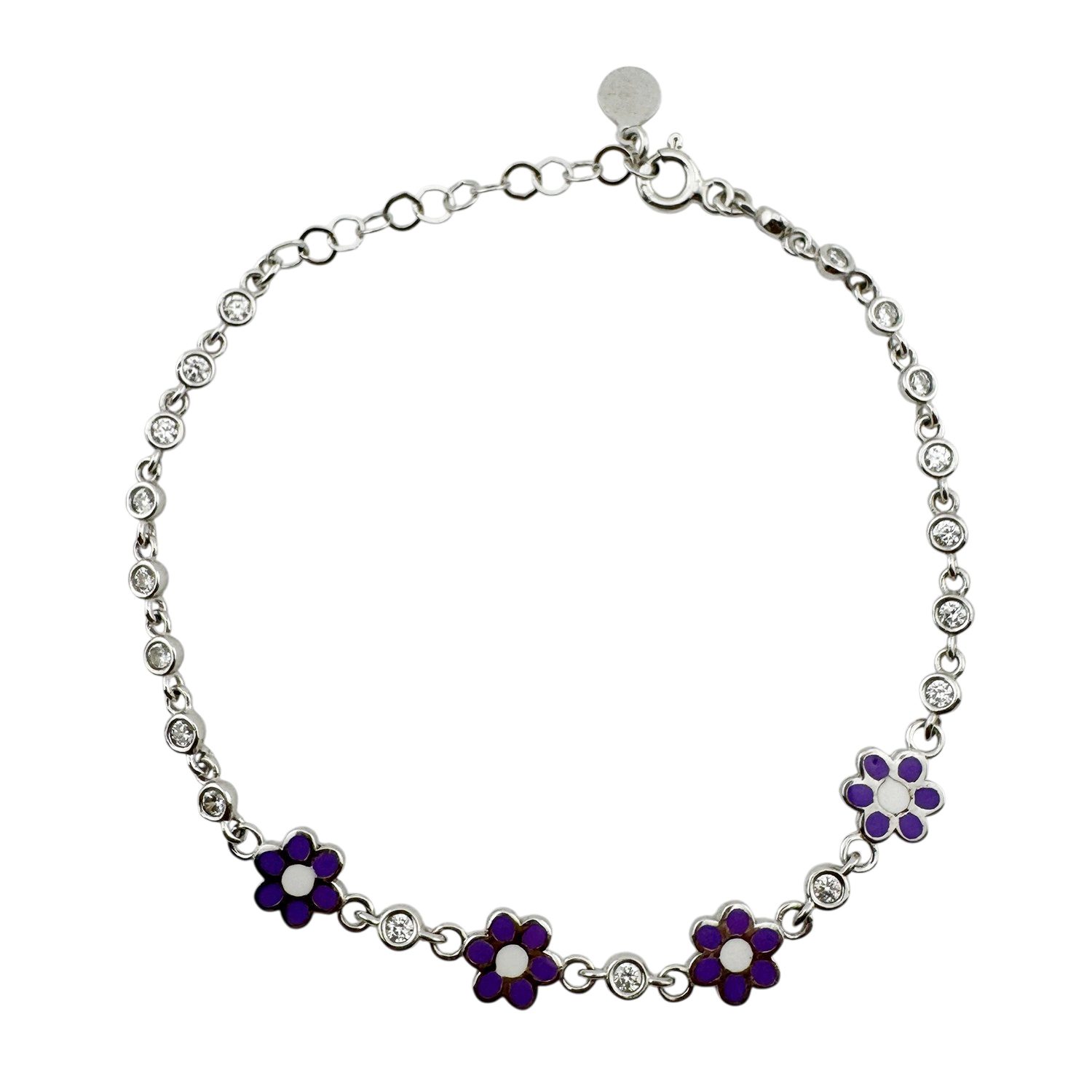 Bratara pentru Copii, Jolie, Argint 925, Model Floare cu Piatra, cu Email si Zirconiu, 22 cm/4.4g Argintiu/Mov