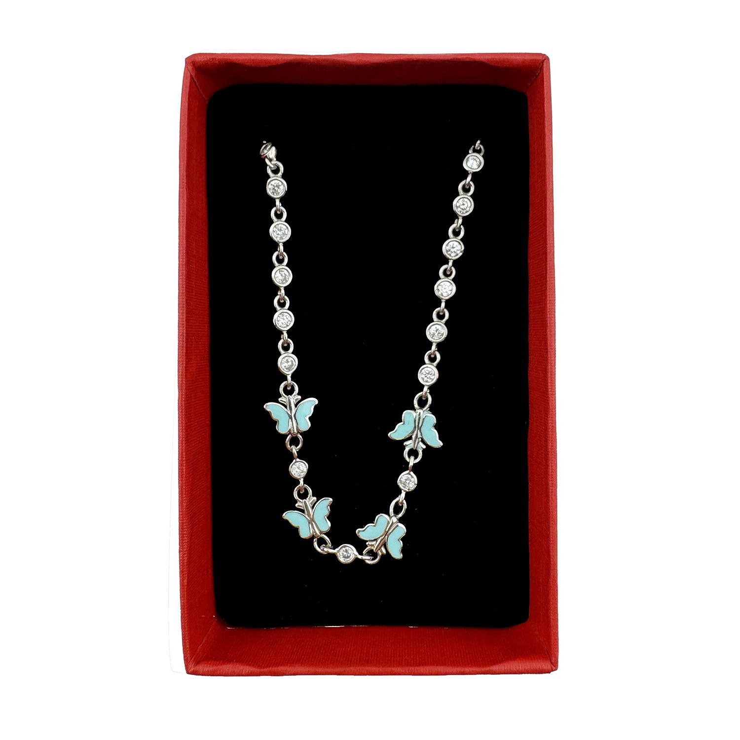 Bratara pentru Copii, Jolie, Argint 925, Model Fluture, cu Email si Zirconiu, 22 cm/4.4g Argintiu/Turcoaz