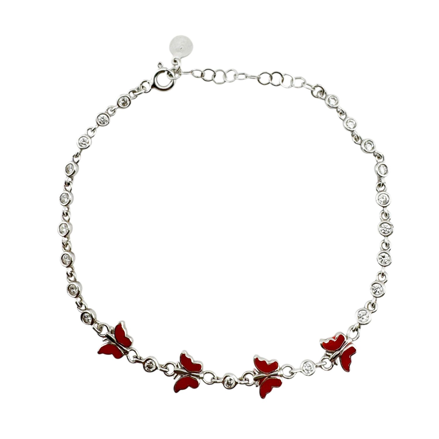 Bratara pentru Copii, Jolie, Argint 925, Model Fluture, cu Email si Zirconiu, 22 cm/4.4g Argintiu/Rosu inchis