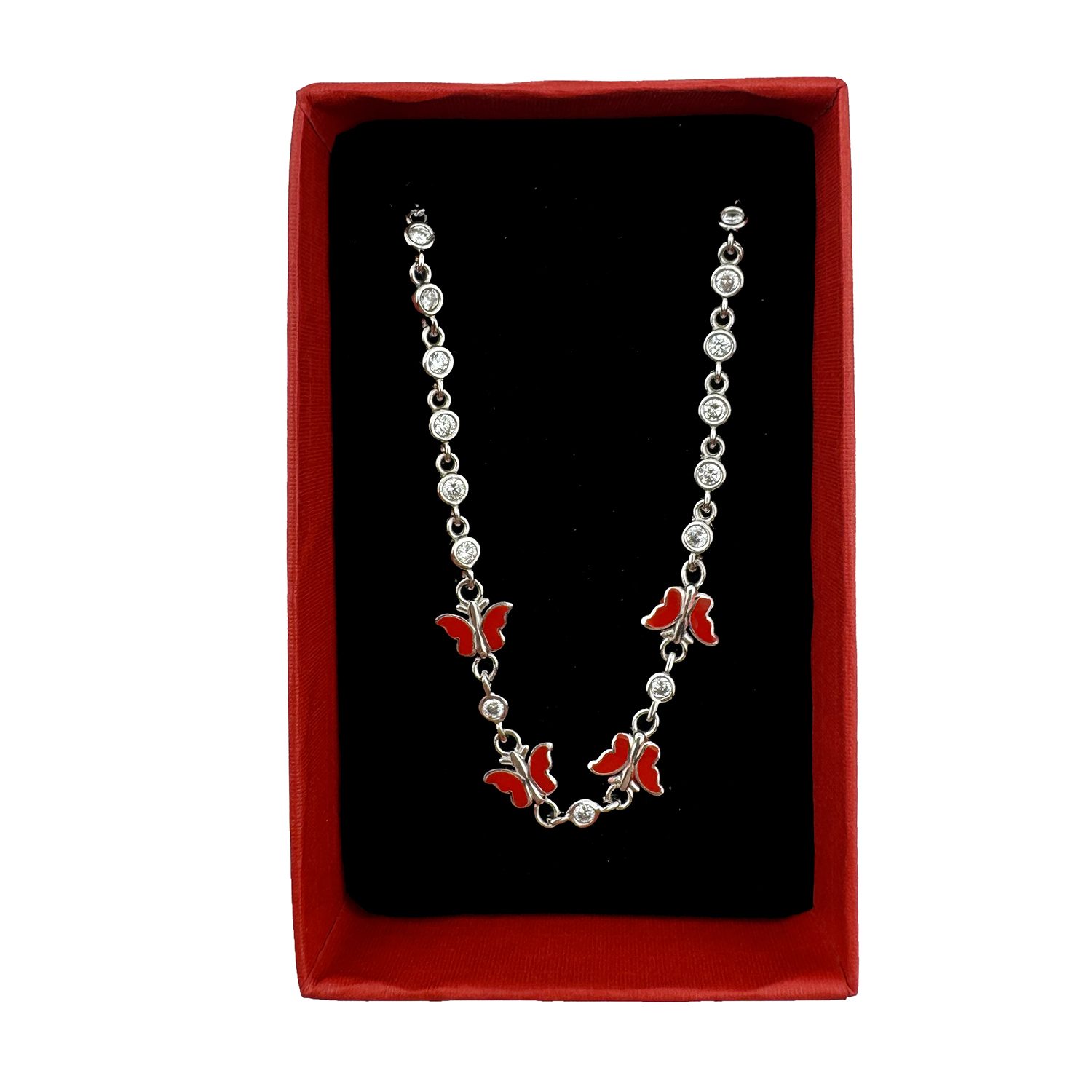 Bratara pentru Copii, Jolie, Argint 925, Model Fluture, cu Email si Zirconiu, 22 cm/4.4g Argintiu/Rosu inchis