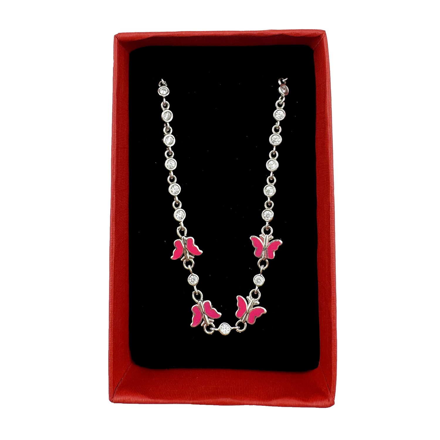 Bratara pentru Copii, Jolie, Argint 925, Model Fluture, cu Email si Zirconiu, 22 cm/4.4g Argintiu/Rosu aprins