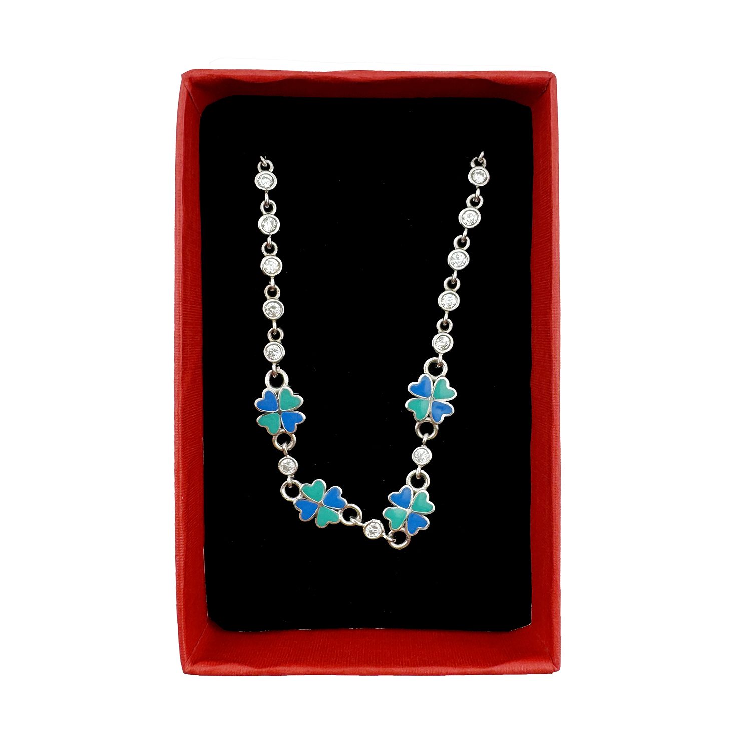 Bratara pentru Copii, Jolie, Argint 925, Model Trifoi, cu Email si Zirconiu, 22 cm/4.4g Argintiu/Verde/Albastru