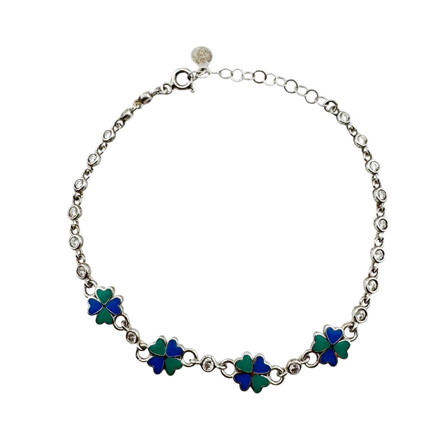 Bratara pentru Copii, Jolie, Argint 925, Model Trifoi, cu Email si Zirconiu, 22 cm/4.4g Argintiu/Verde/Albastru