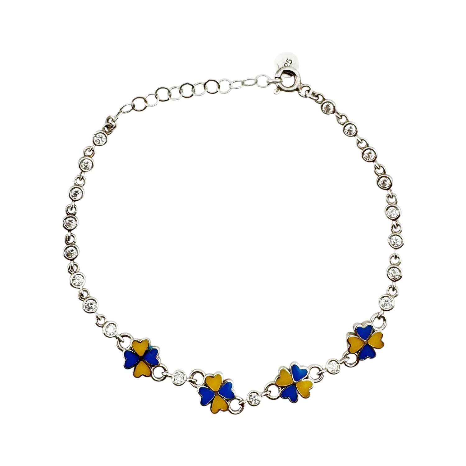 Bratara pentru Copii, Jolie, Argint 925, Model Trifoi, cu Email si Zirconiu, 22 cm/4.4g Argintiu/Albastru/Galben