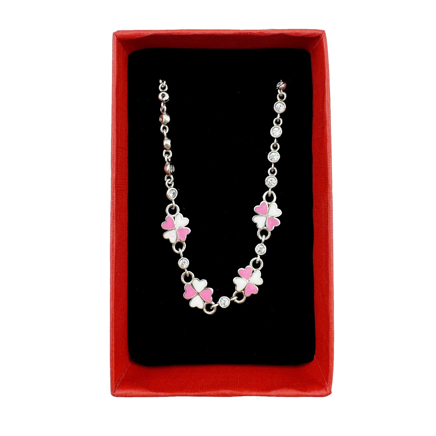 Bratara pentru Copii, Jolie, Argint 925, Model Trifoi, cu Email si Zirconiu, 22 cm/4.4g Argintiu/Roz/Alb