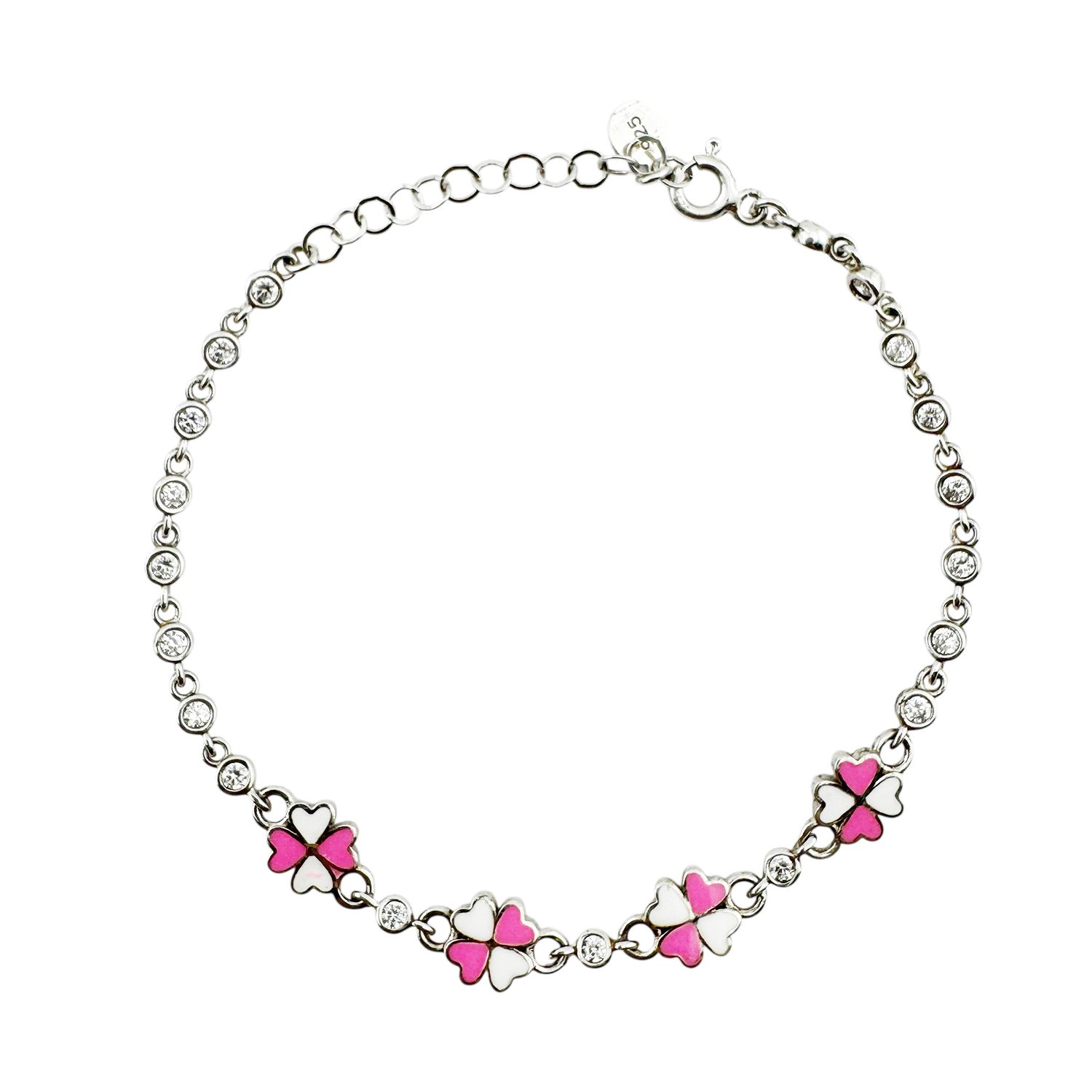 Bratara pentru Copii, Jolie, Argint 925, Model Trifoi, cu Email si Zirconiu, 22 cm/4.4g Argintiu/Roz/Alb