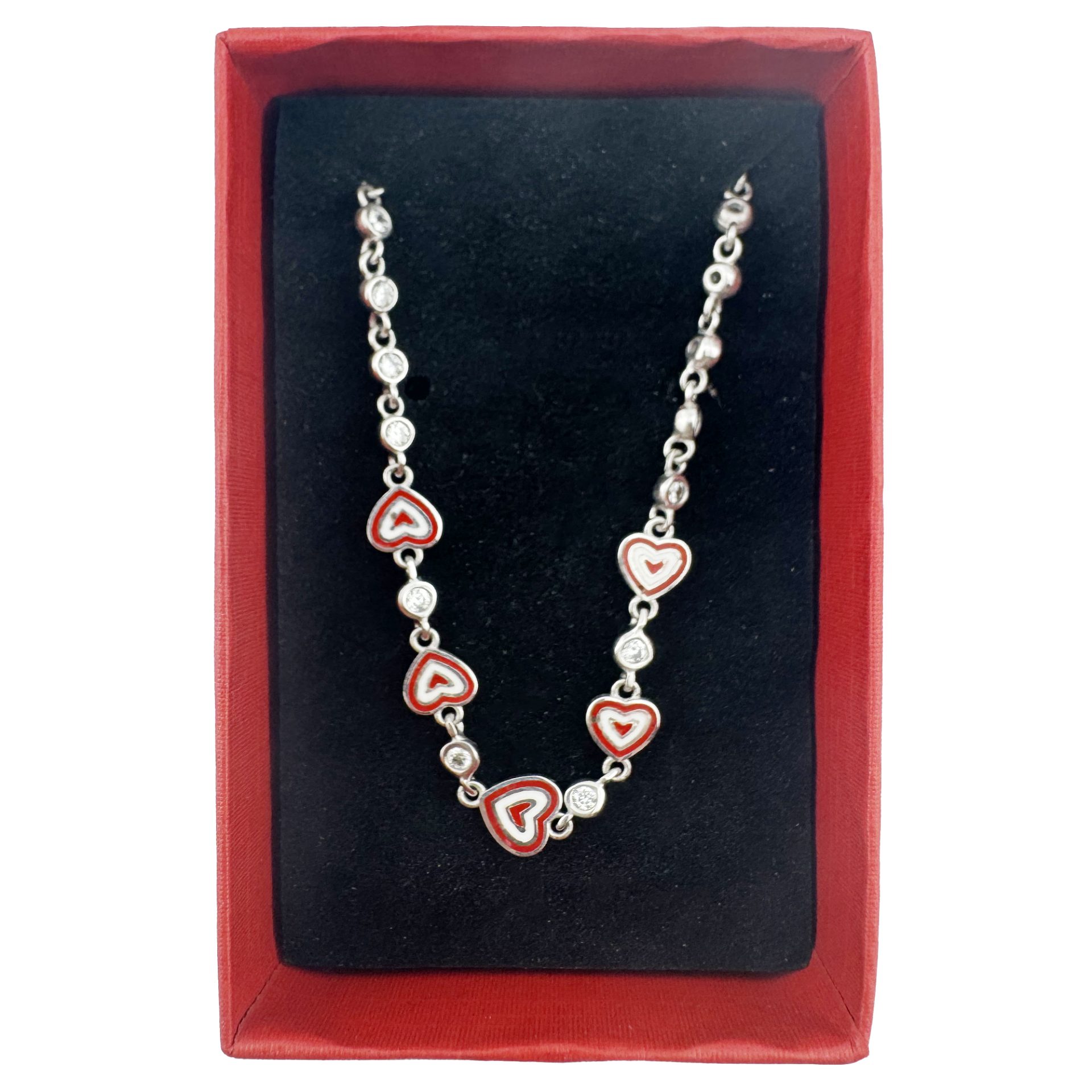 Bratara pentru Copii, Jolie, Argint 925, Model Inima, cu Email si Zirconiu, 22 cm/4.4g Argintiu/Rosu