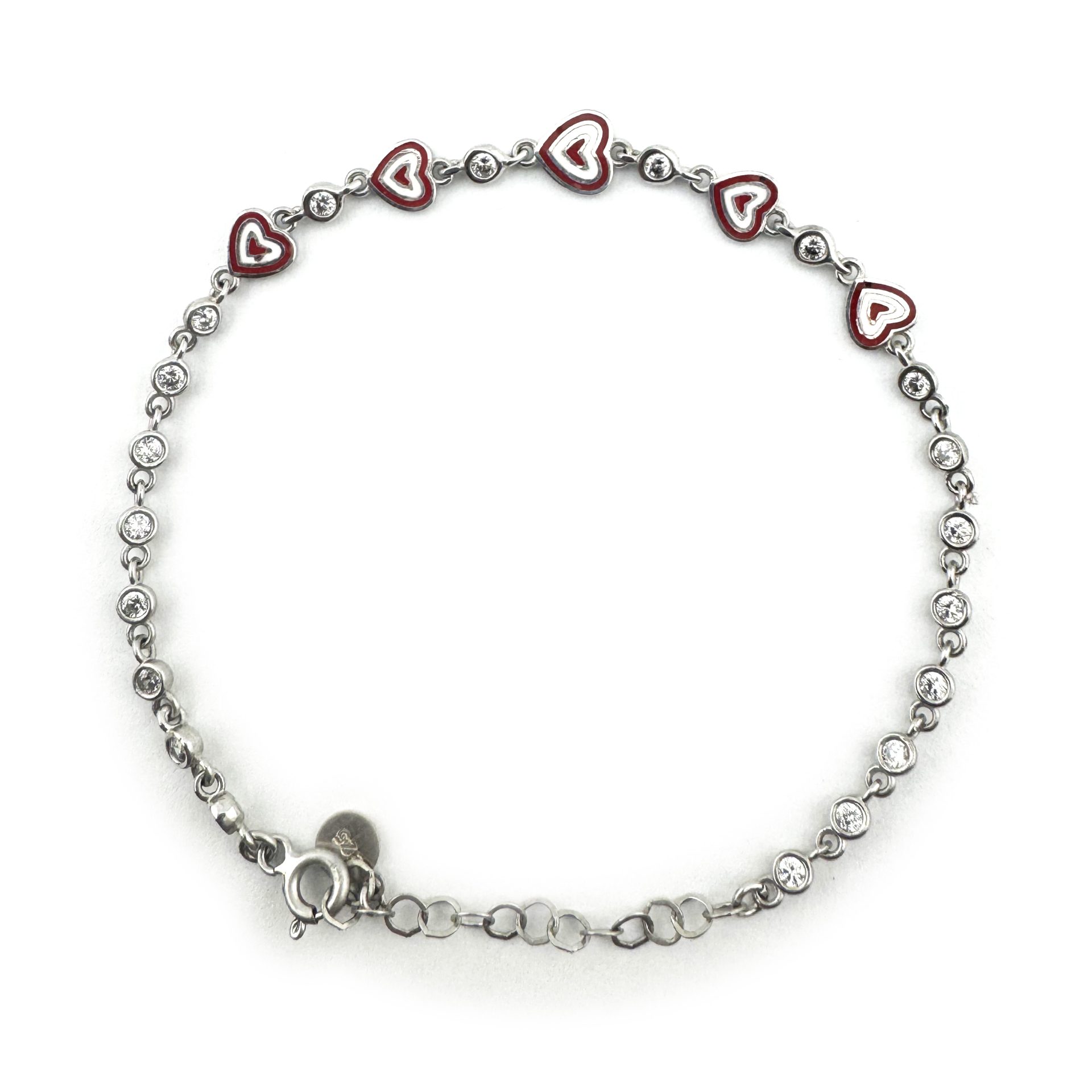Bratara pentru Copii, Jolie, Argint 925, Model Inima, cu Email si Zirconiu, 22 cm/4.4g Argintiu/Rosu