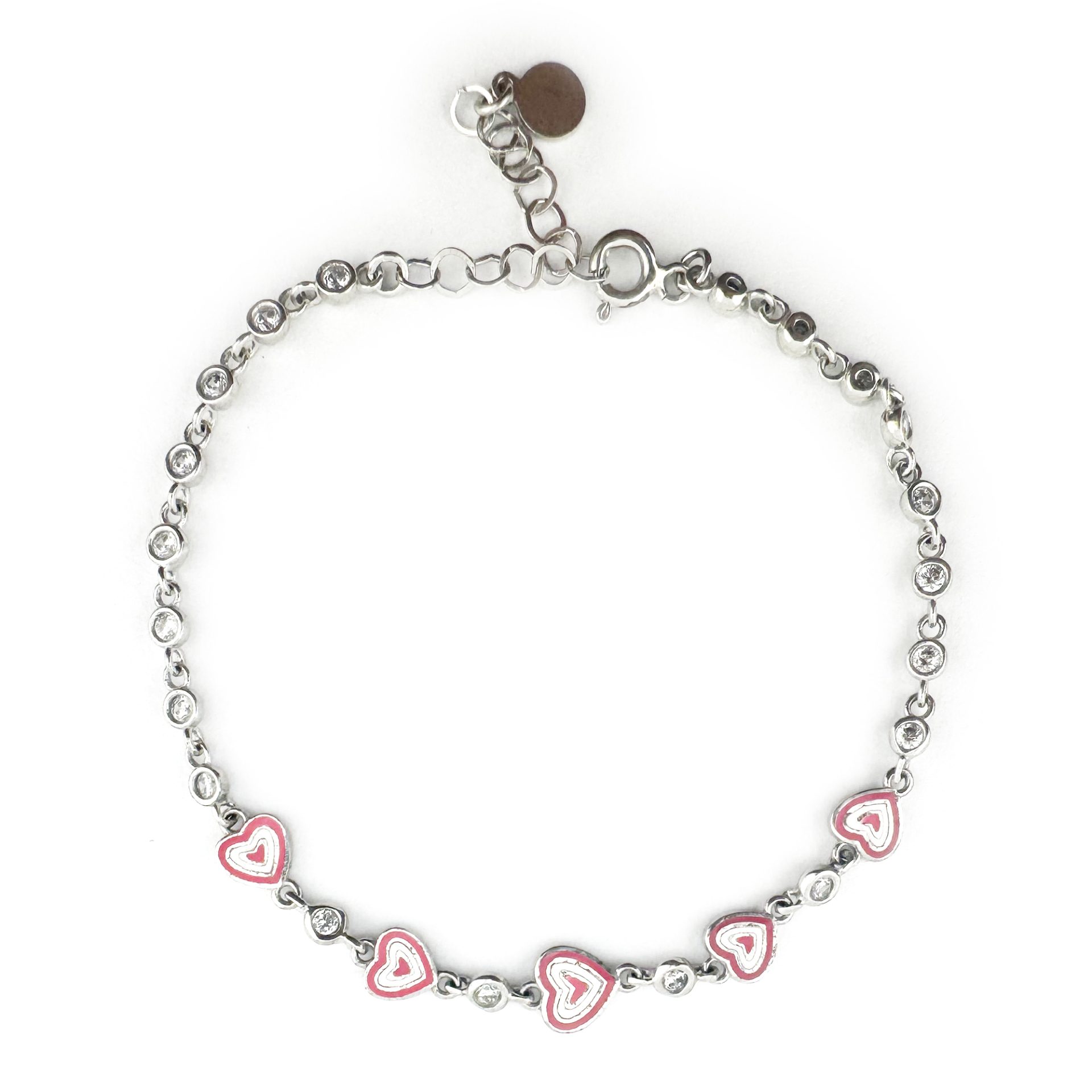 Bratara pentru Copii, Jolie, Argint 925, Model Inima, cu Email si Zirconiu, 22 cm/4.4g Argintiu/Roz
