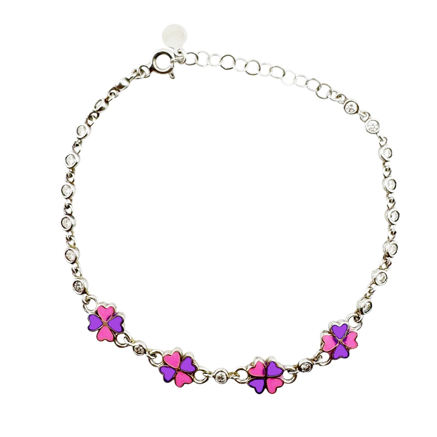 Bratara pentru Copii, Jolie, Argint 925, Model Trifoi, cu Email si Zirconiu, 22 cm/4.4g Argintiu/Roz/Mov