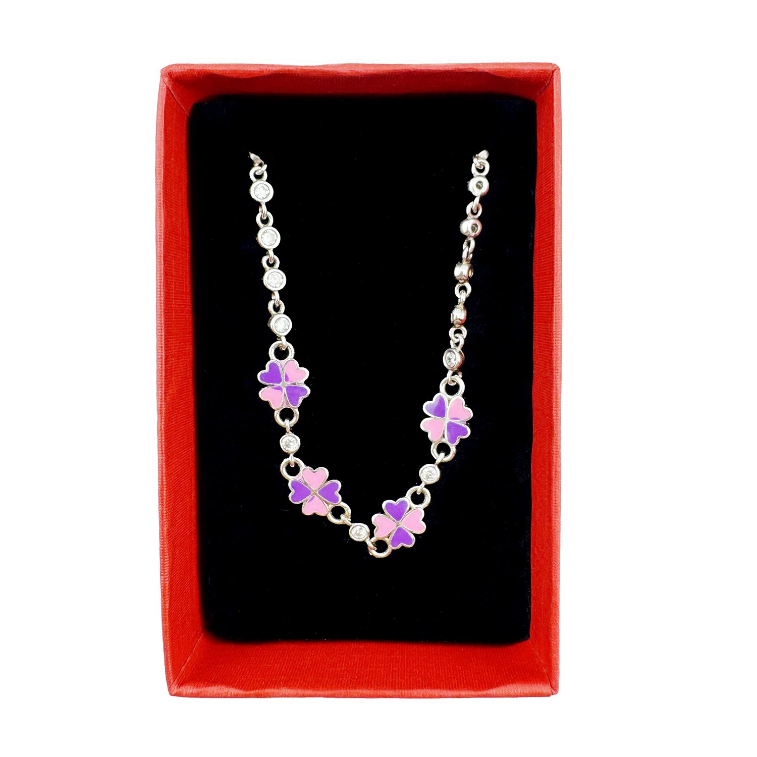 Bratara pentru Copii, Jolie, Argint 925, Model Trifoi, cu Email si Zirconiu, 22 cm/4.4g Argintiu/Roz/Mov