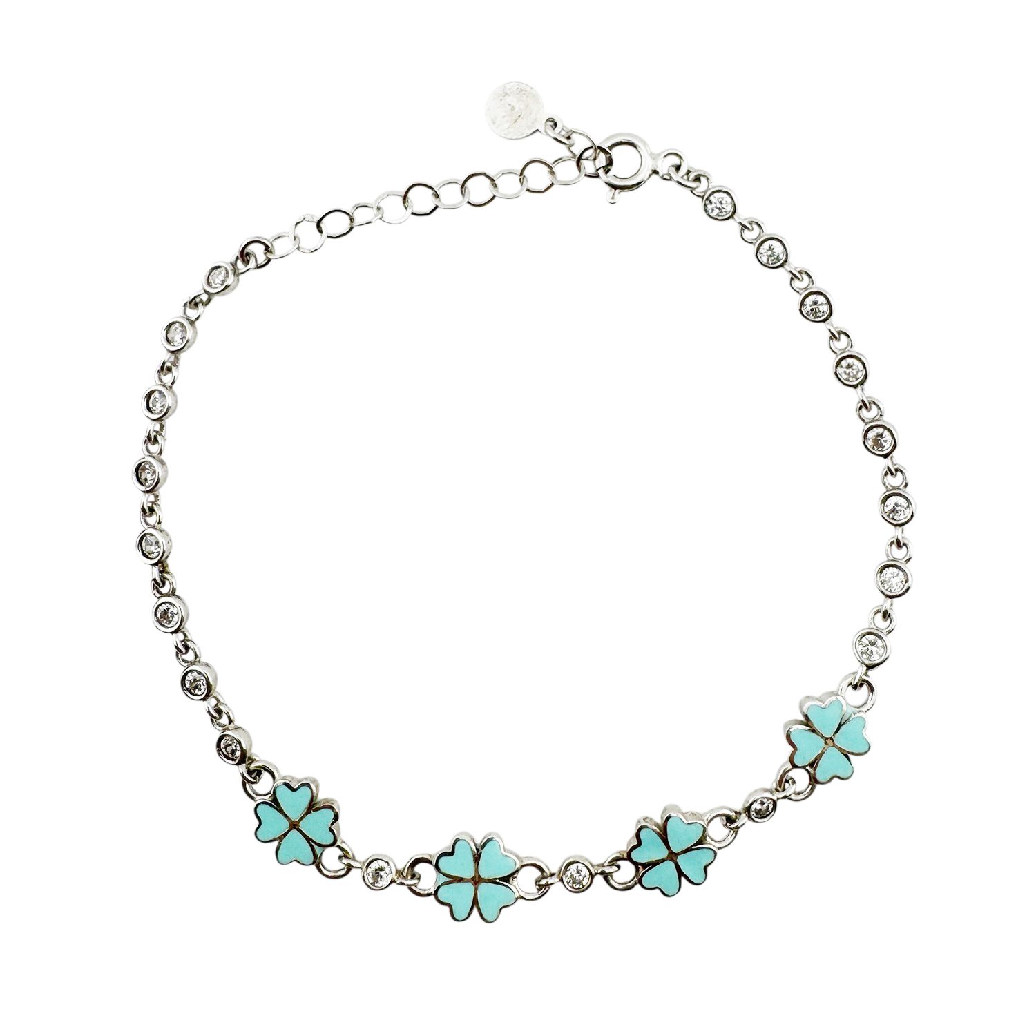 Bratara pentru Copii, Jolie, Argint 925, Model Trifoi, cu Email si Zirconiu, 22 cm/4.4g Argintiu/Turcoaz