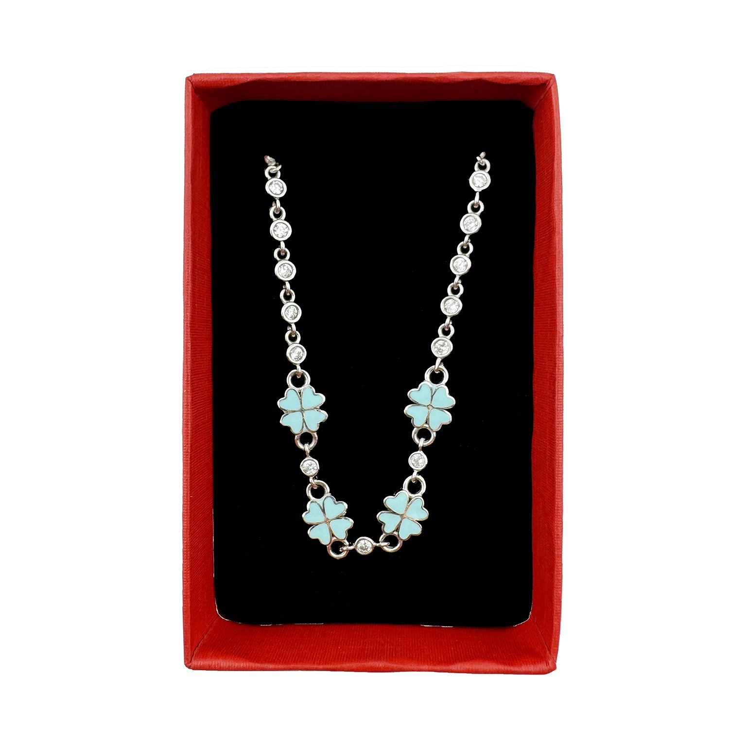 Bratara pentru Copii, Jolie, Argint 925, Model Trifoi, cu Email si Zirconiu, 22 cm/4.4g Argintiu/Turcoaz