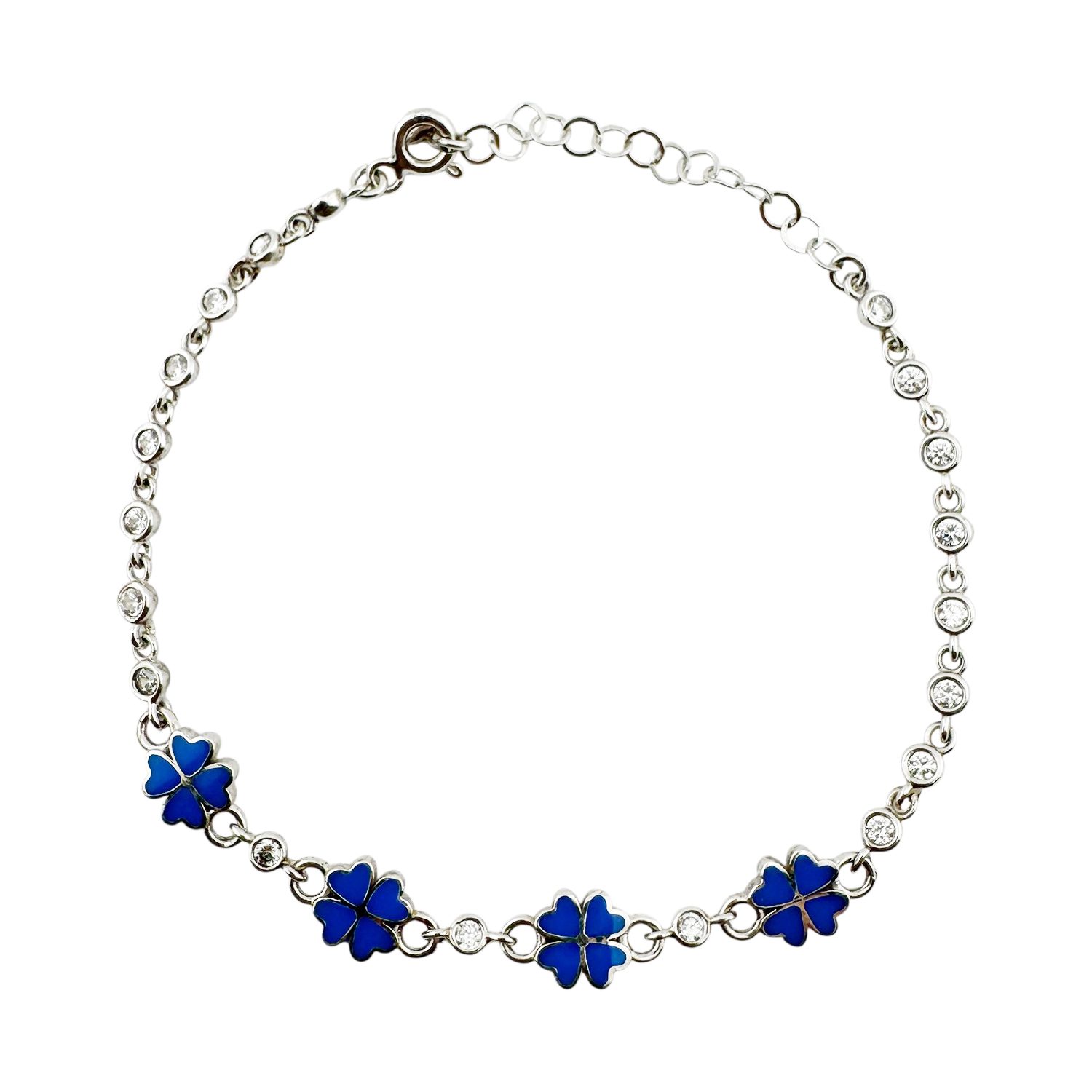 Bratara pentru Copii, Jolie, Argint 925, Model Trifoi, cu Email si Zirconiu, 22 cm/4.4g Argintiu/Albastru aprins