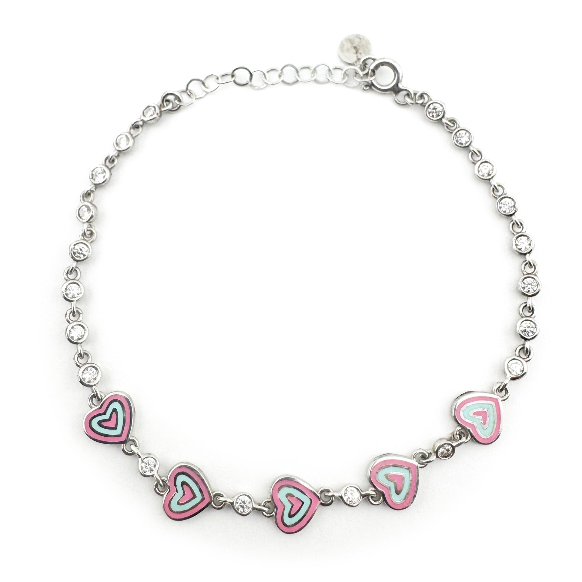 Bratara pentru Copii, Jolie, Argint 925, Model Inima, cu Email si Zirconiu, 22 cm/4.4g Argintiu/Roz/Verde deschis