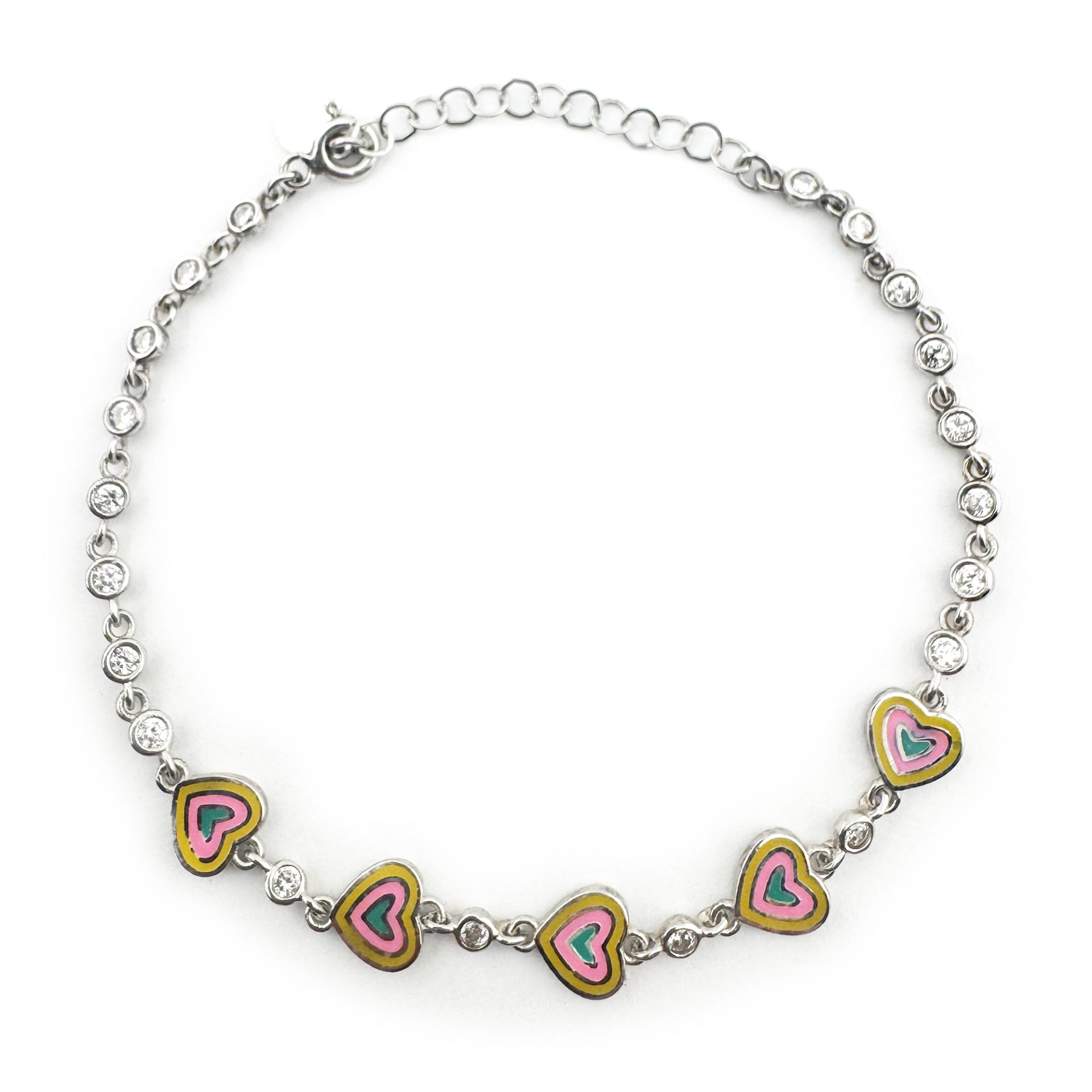 Bratara pentru Copii, Jolie, Argint 925, Model Inima, cu Email si Zirconiu, 22 cm/4.4g Argintiu/Galben/Roz/Verde