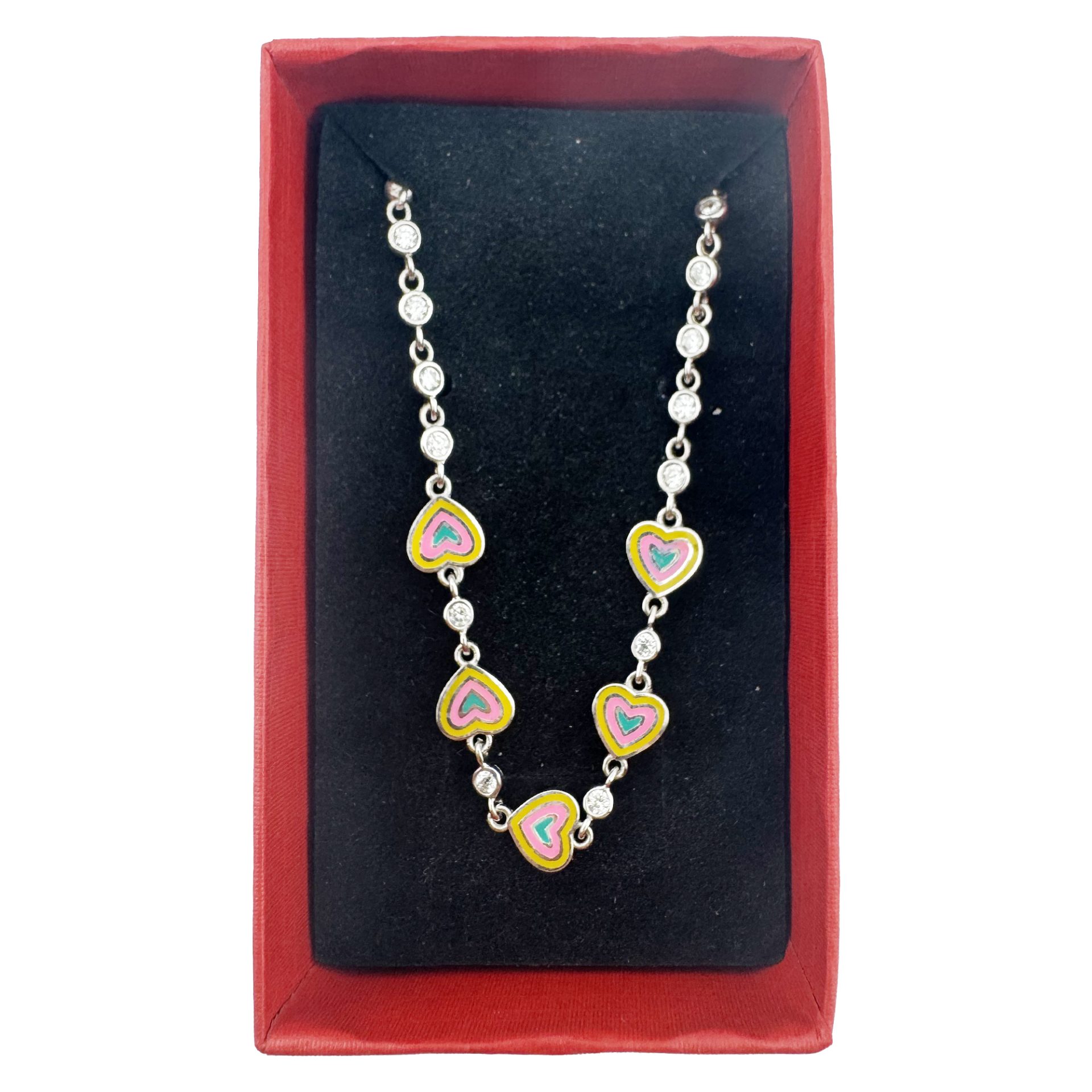 Bratara pentru Copii, Jolie, Argint 925, Model Inima, cu Email si Zirconiu, 22 cm/4.4g Argintiu/Galben/Roz/Verde