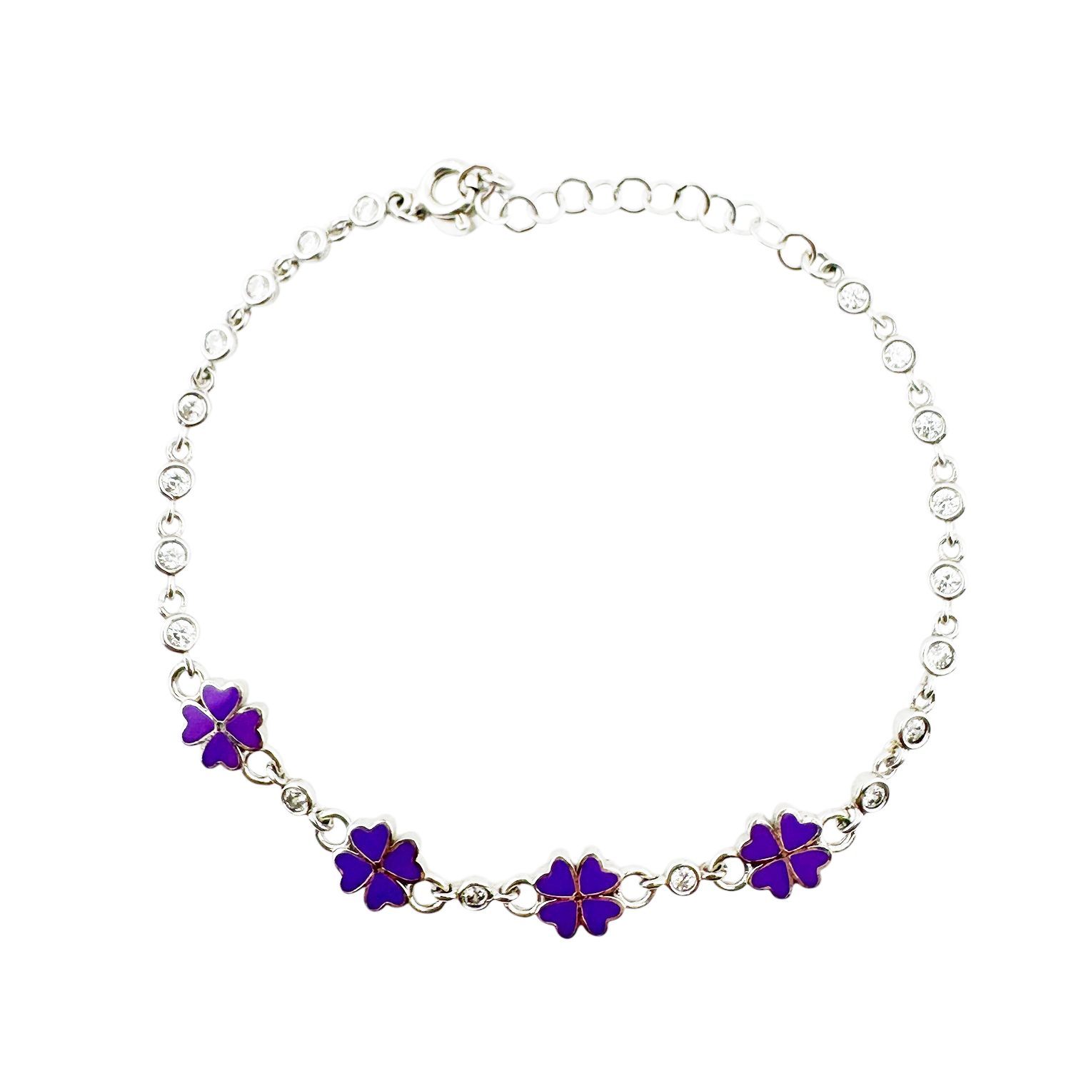 Bratara pentru Copii, Jolie, Argint 925, Model Trifoi, cu Email si Zirconiu, 22 cm/4.4g Argintiu/Mov