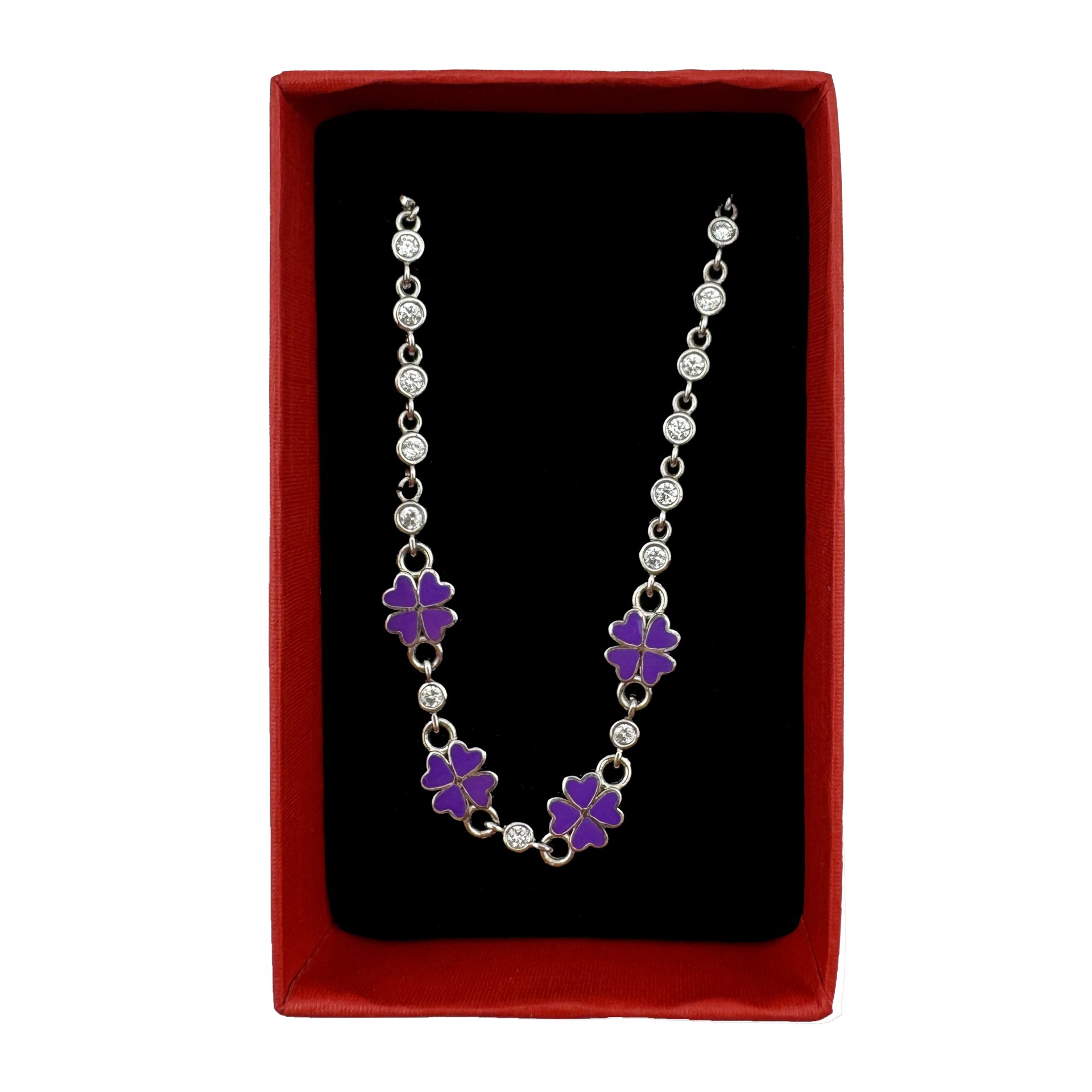 Bratara pentru Copii, Jolie, Argint 925, Model Trifoi, cu Email si Zirconiu, 22 cm/4.4g Argintiu/Mov