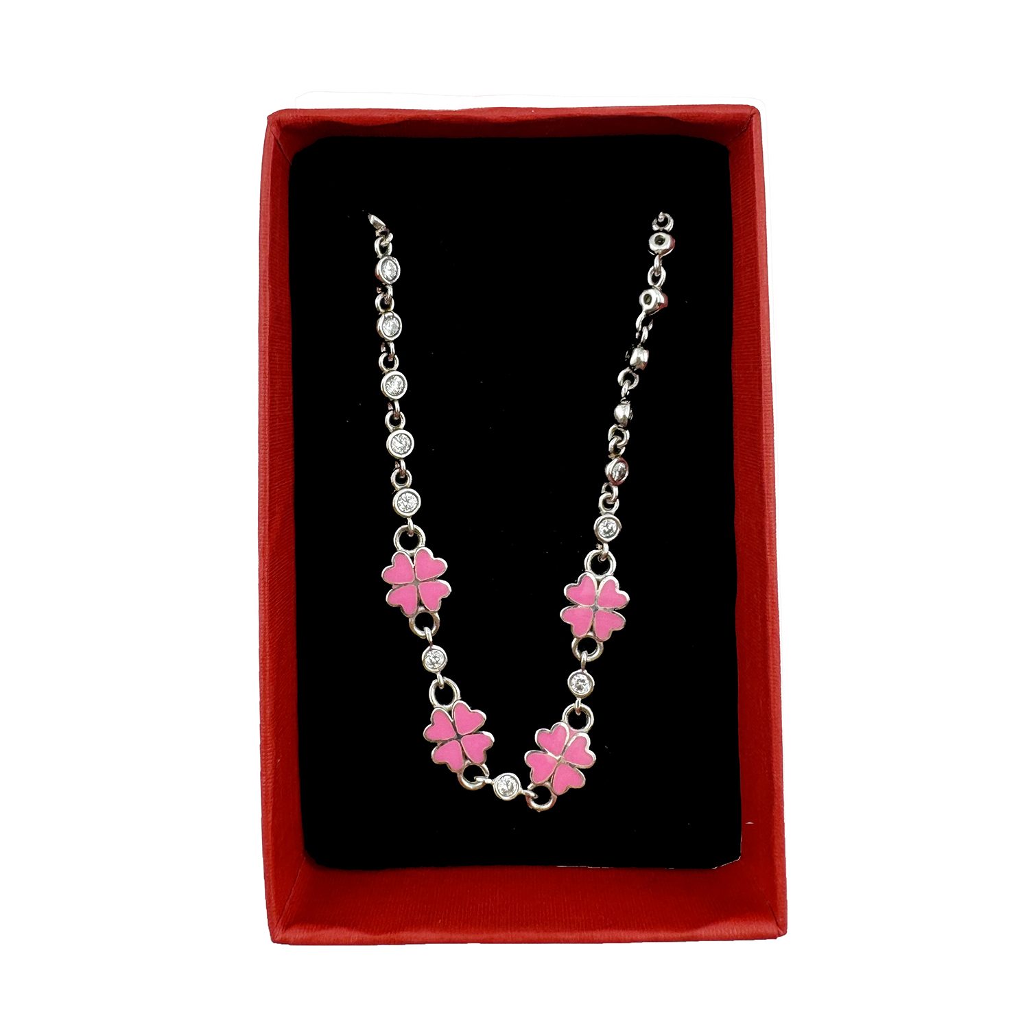 Bratara pentru Copii, Jolie, Argint 925, Model Trifoi, cu Email si Zirconiu, 22 cm/4.4g Argintiu/Roz